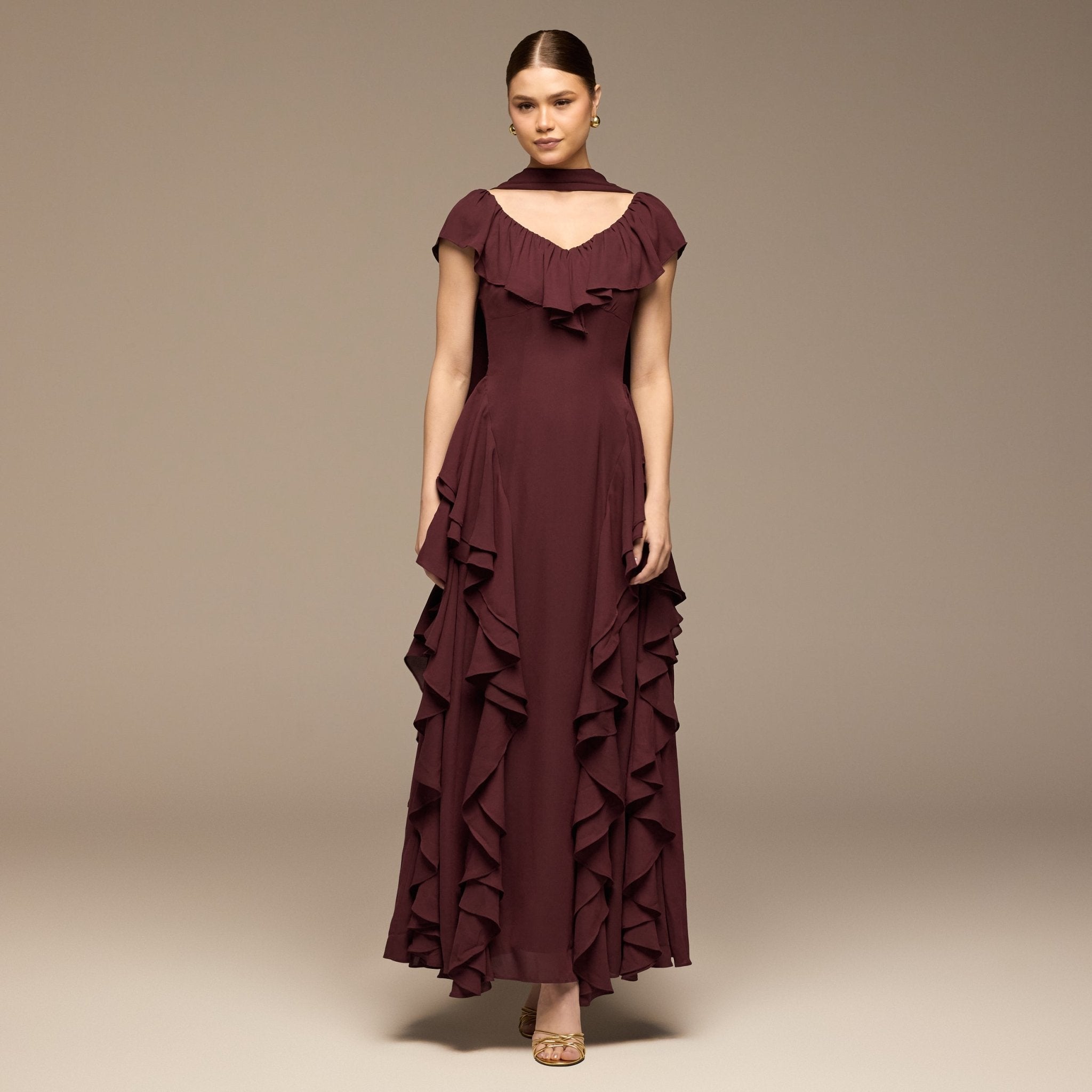 Burgundy Ruffle Chiffon Maxi Dress - shopaleena