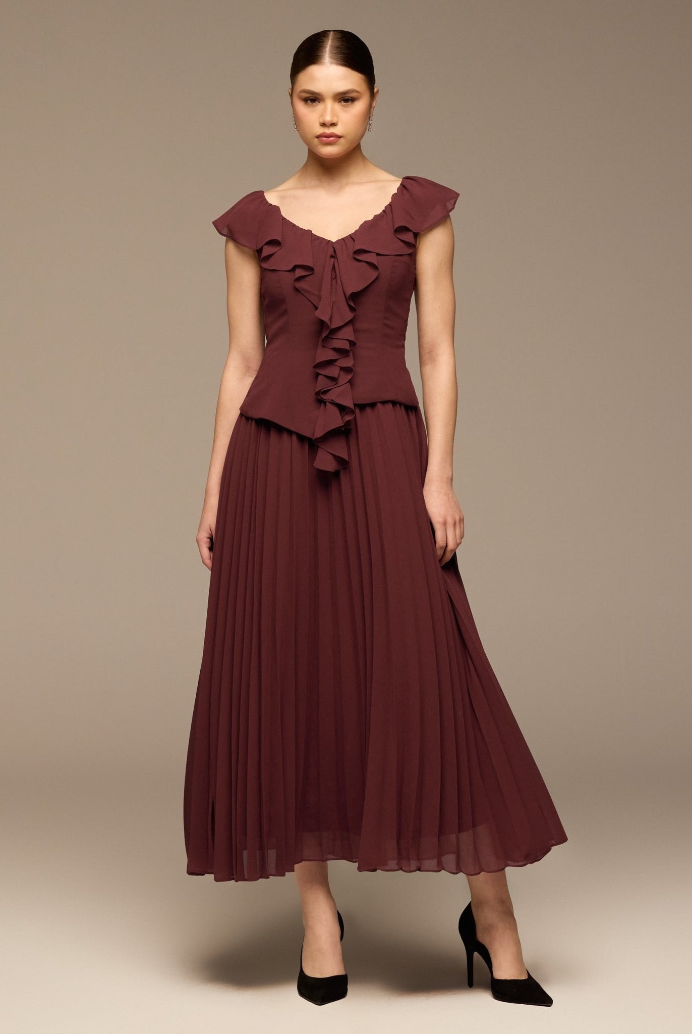 Burgundy Ruffle Neck Pleated Chiffon Dress - shopaleena