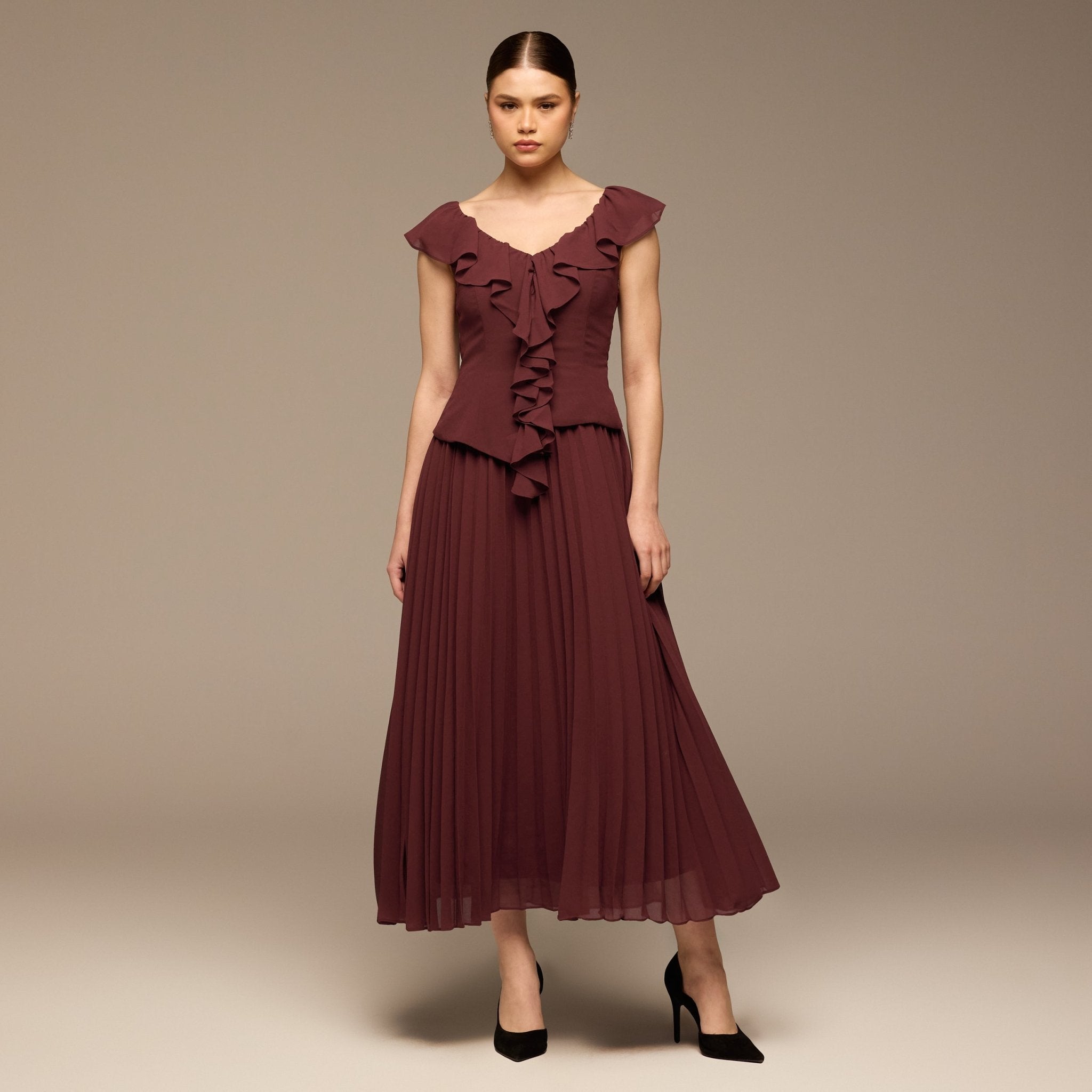 Burgundy Ruffle Neck Pleated Chiffon Dress - shopaleena