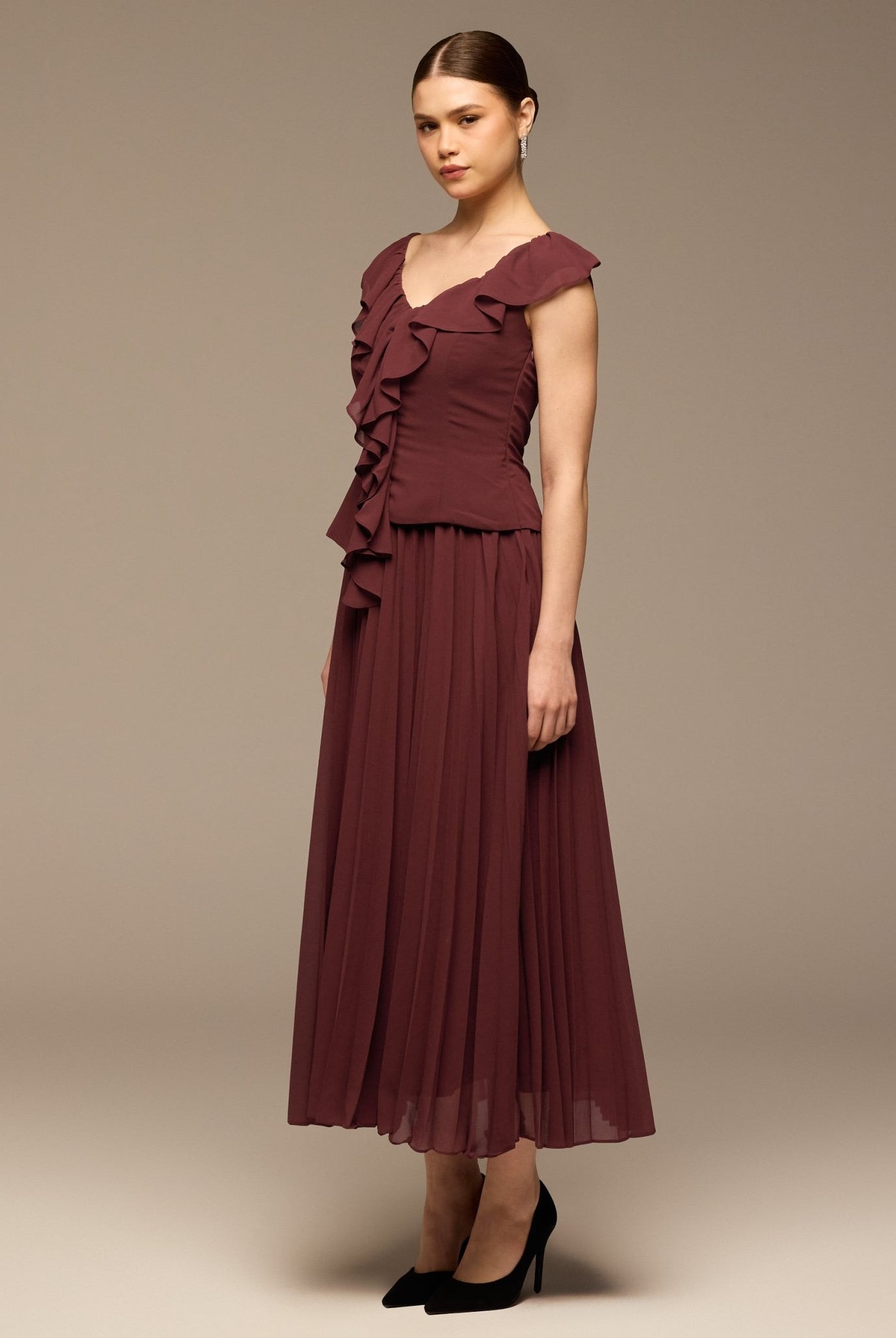 Burgundy Ruffle Neck Pleated Chiffon Dress - shopaleena
