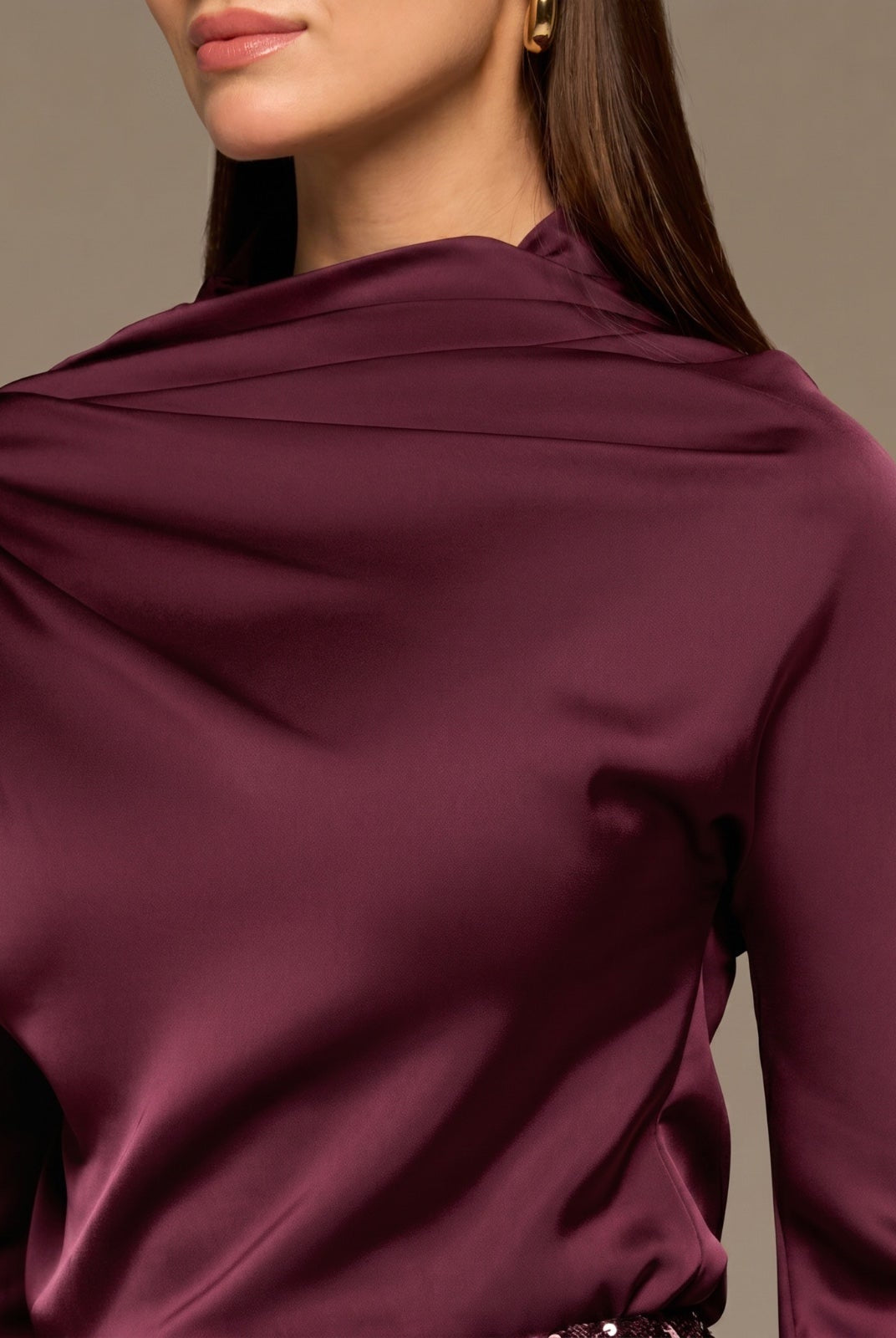 Burgundy Satin Long Sleeve Blouse - shopaleena