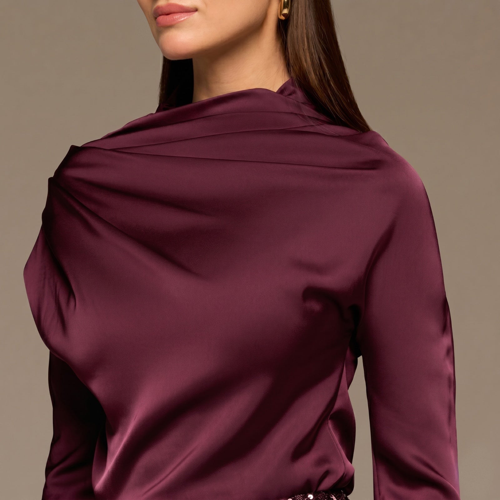 Burgundy Satin Long Sleeve Blouse - shopaleena