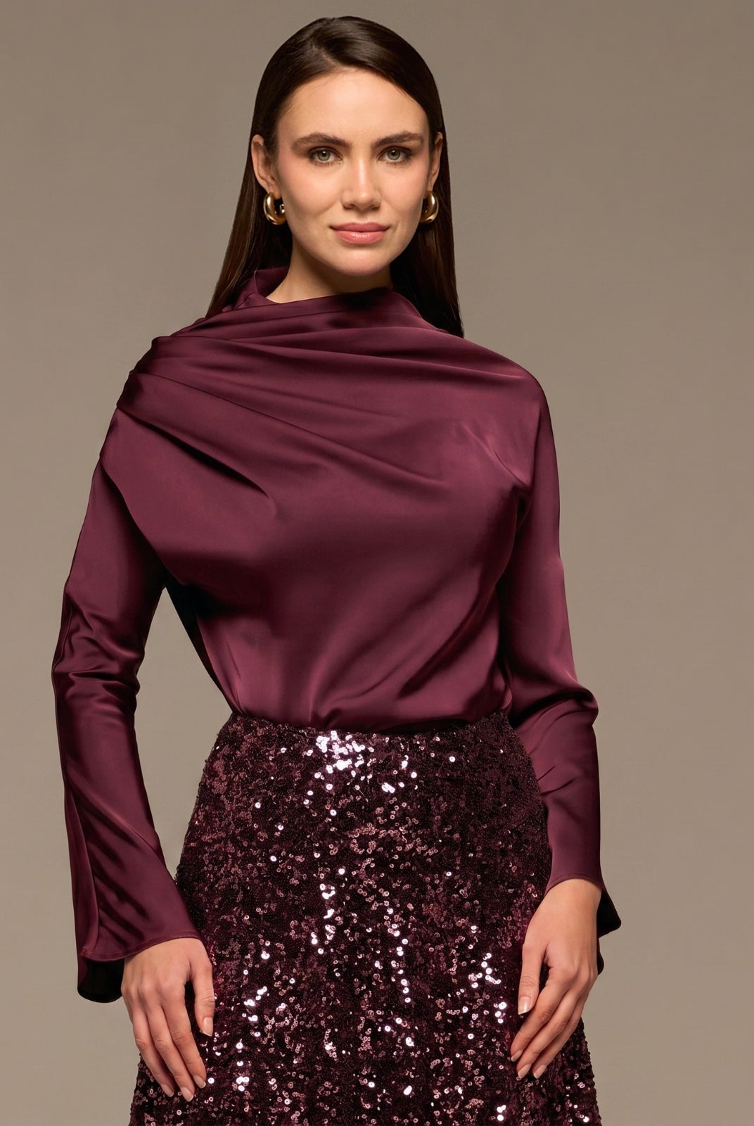 Burgundy Satin Long Sleeve Blouse - shopaleena