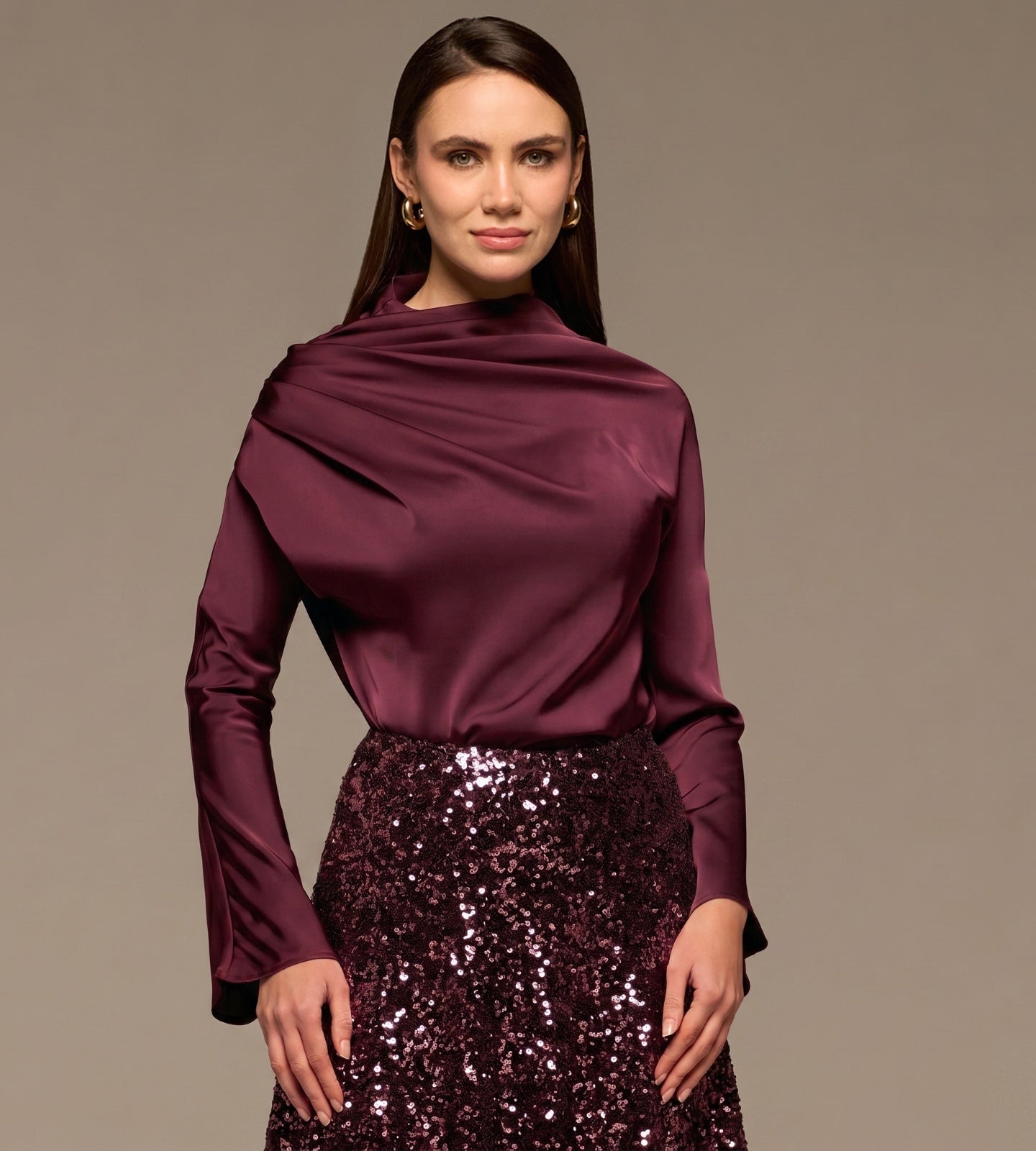 Burgundy Satin Long Sleeve Blouse - shopaleena