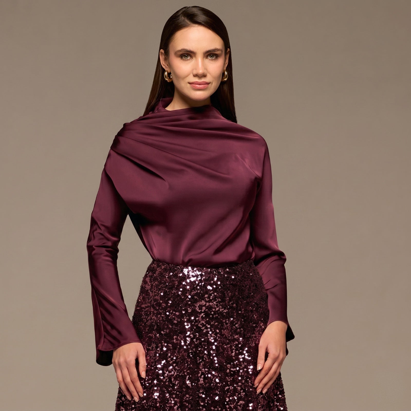 Burgundy Satin Long Sleeve Blouse - shopaleena