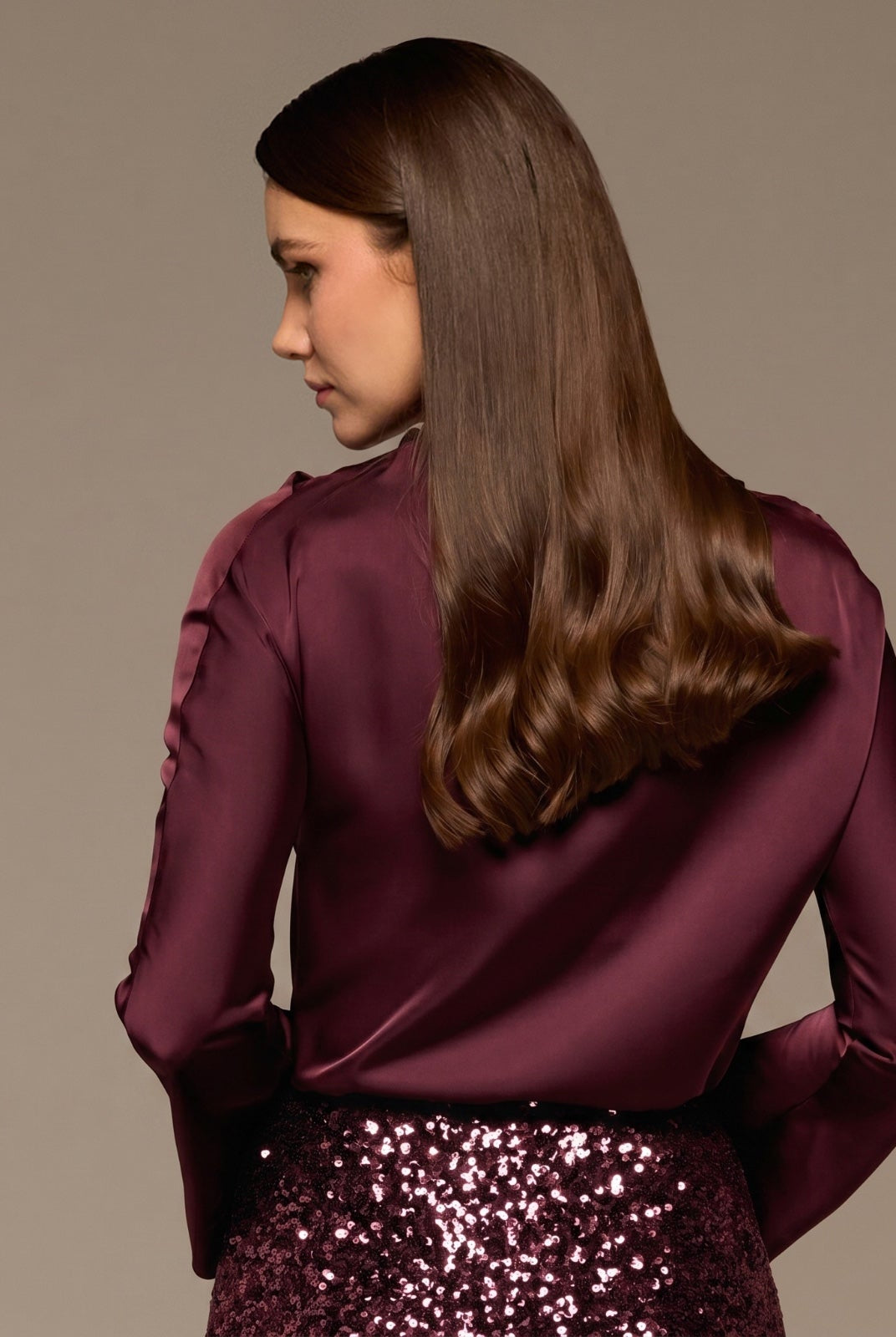 Burgundy Satin Long Sleeve Blouse - shopaleena