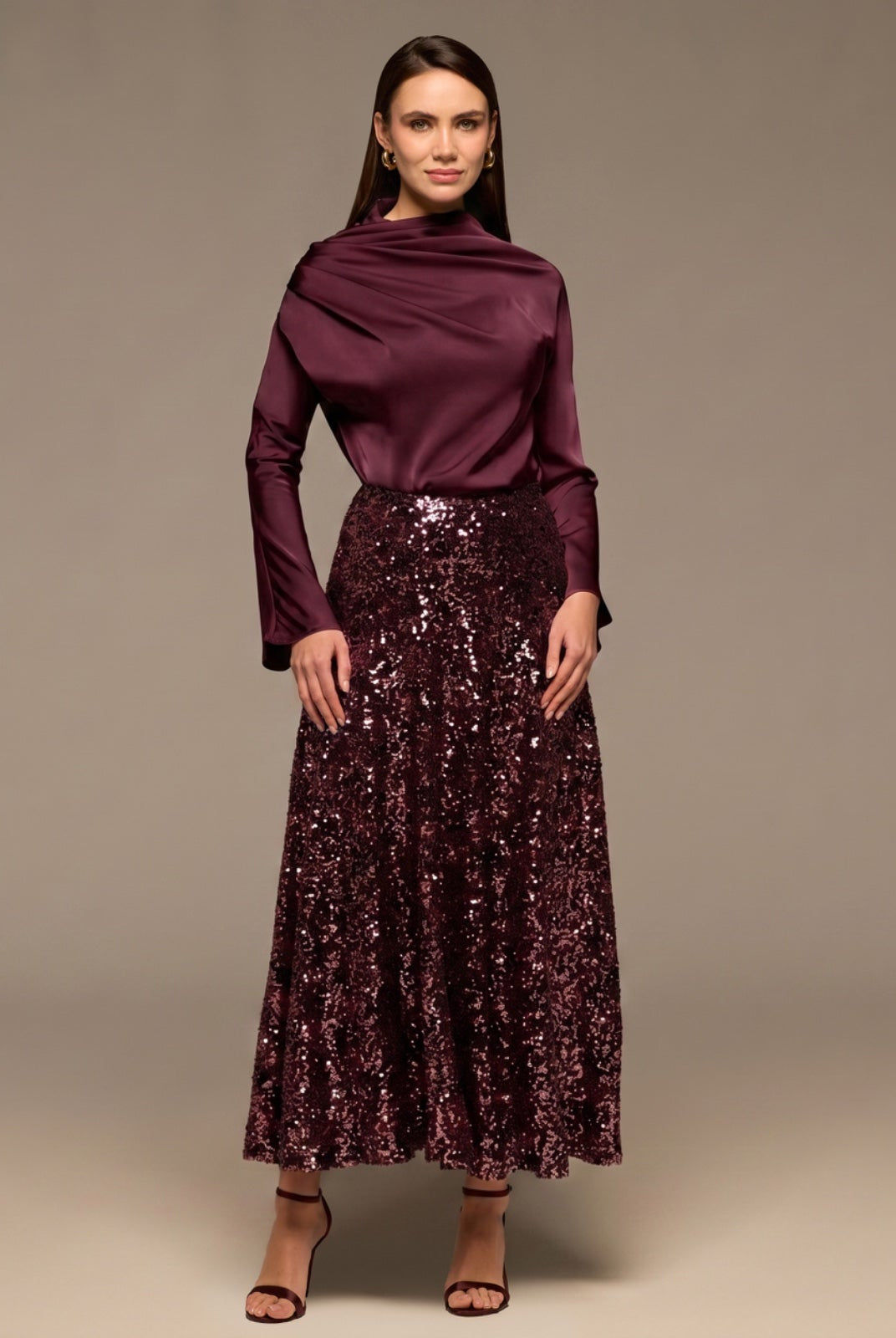 Burgundy Satin Long Sleeve Blouse - shopaleena
