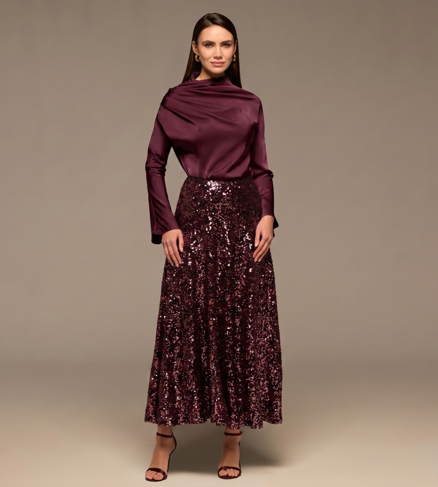 Burgundy Satin Long Sleeve Blouse - shopaleena