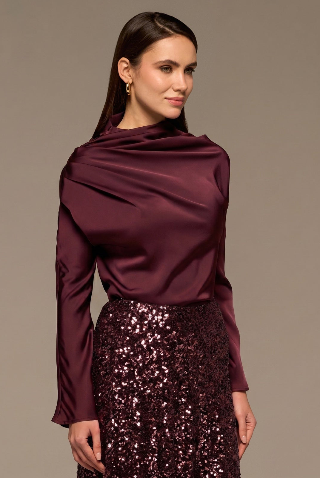 Burgundy Satin Long Sleeve Blouse - shopaleena