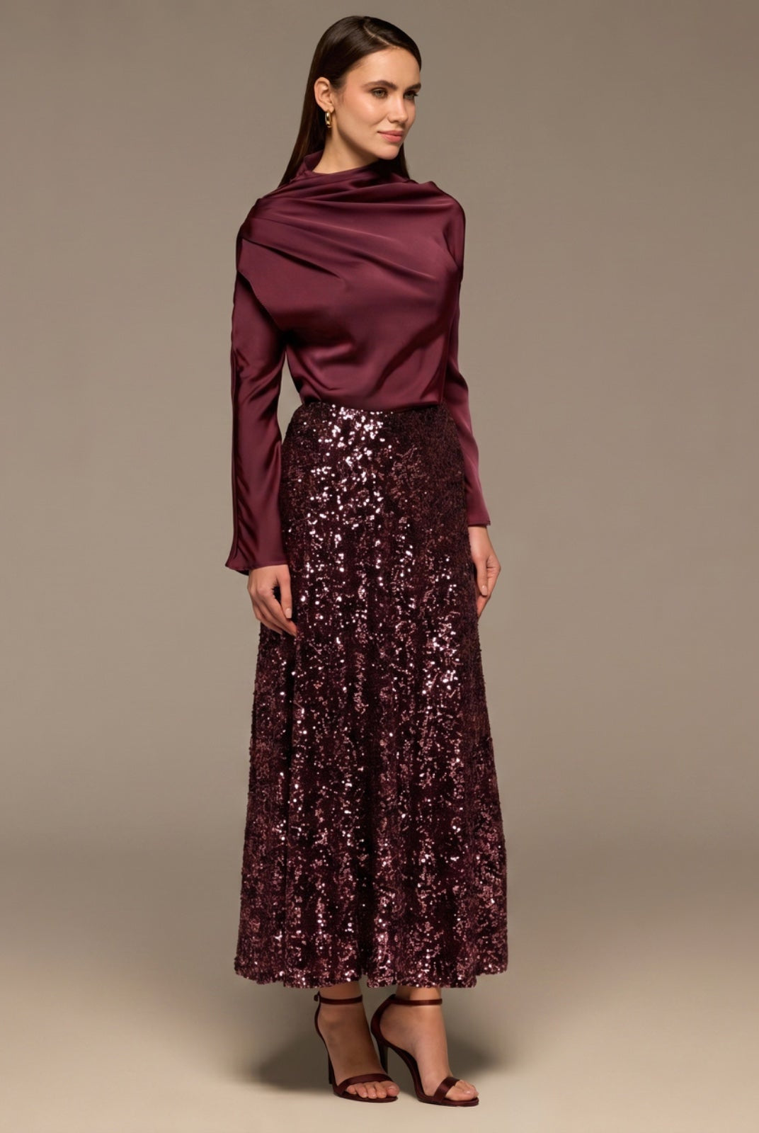 Burgundy Satin Long Sleeve Blouse - shopaleena