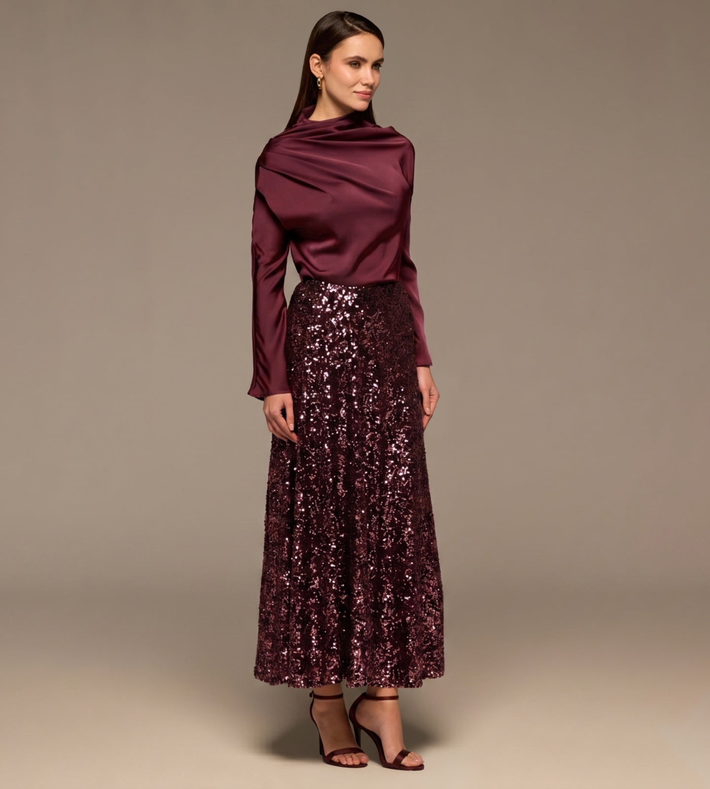 Burgundy Satin Long Sleeve Blouse - shopaleena