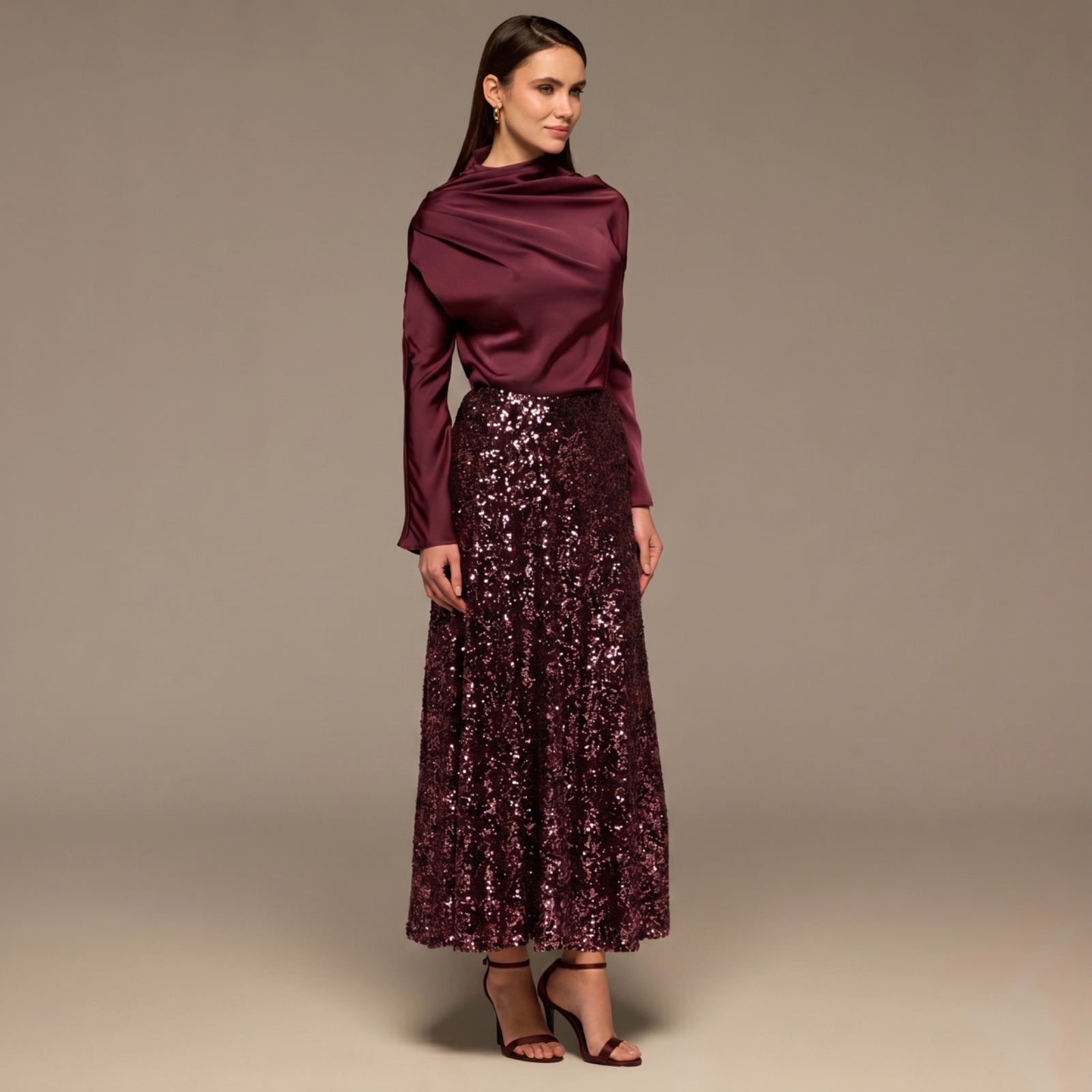 Burgundy Satin Long Sleeve Blouse - shopaleena