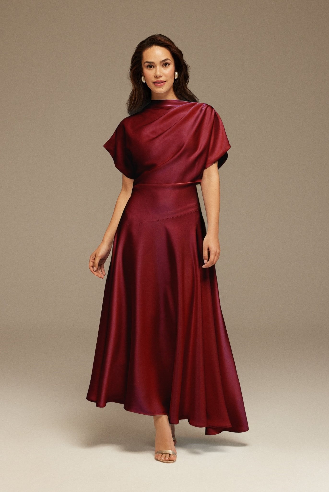 Burgundy Short Sleeve Asymmetric Satin Dress - shopaleena