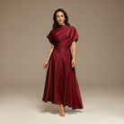 Burgundy Short Sleeve Asymmetric Satin Dress - shopaleena