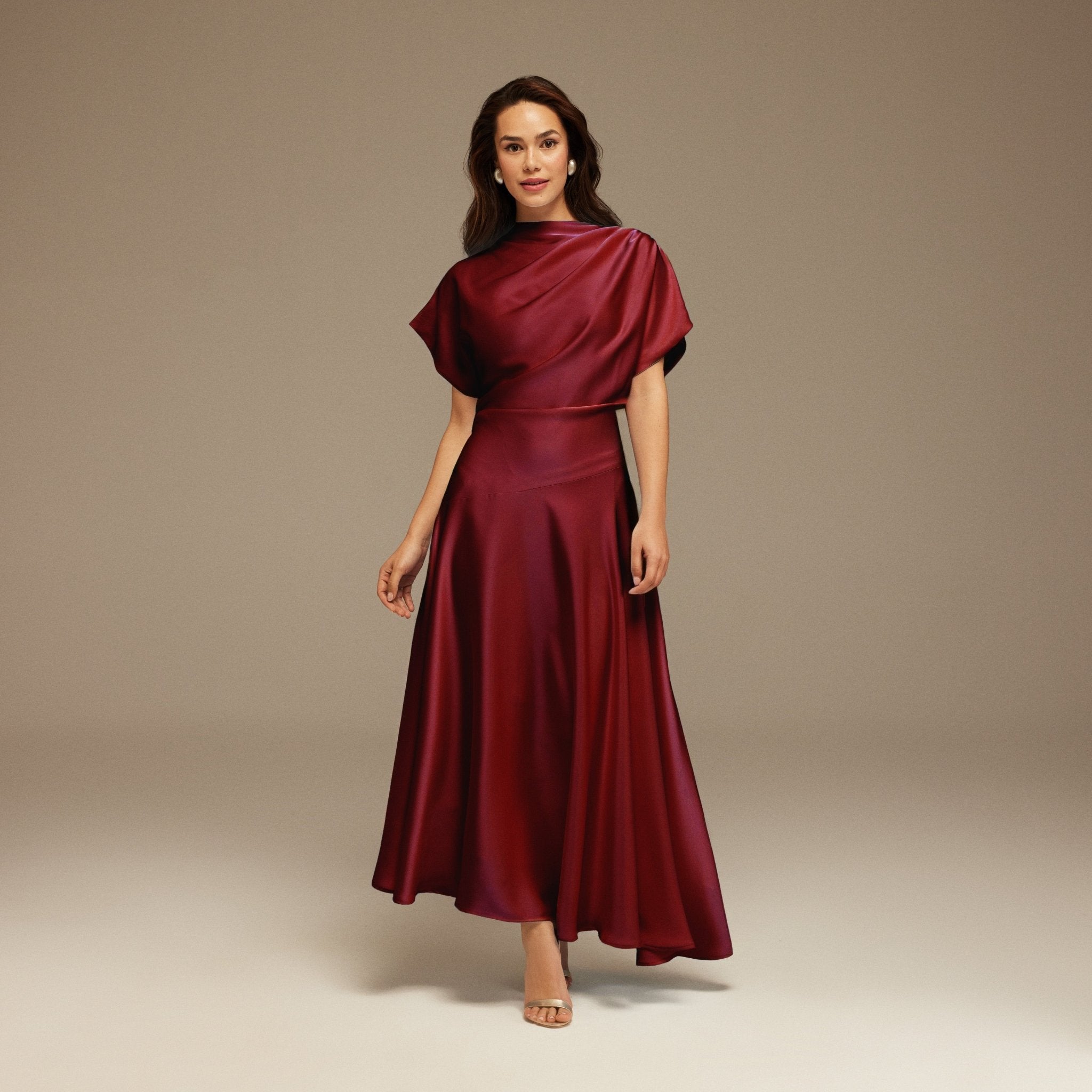Burgundy Short Sleeve Asymmetric Satin Dress - shopaleena