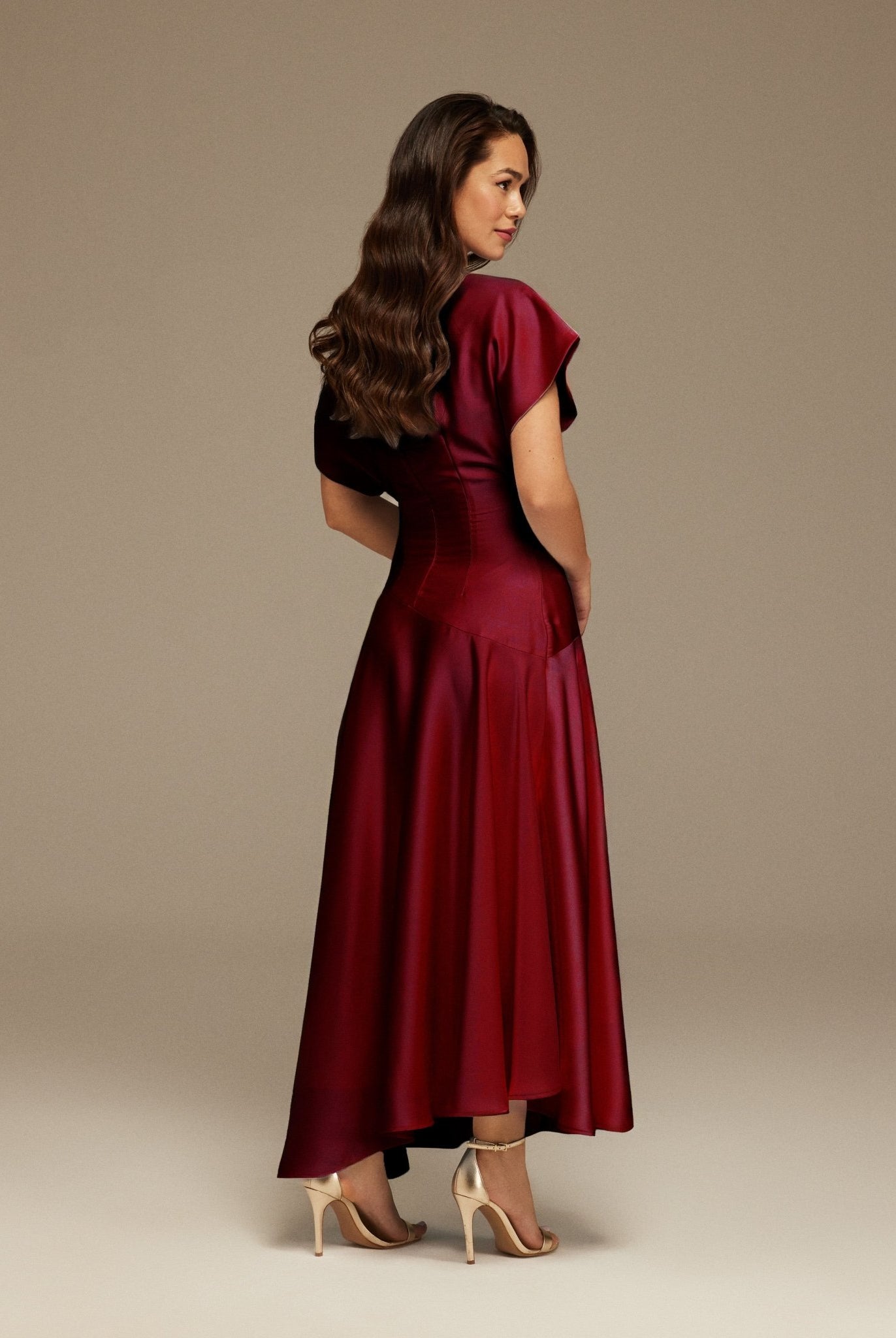 Burgundy Short Sleeve Asymmetric Satin Dress - shopaleena