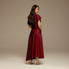 Burgundy Short Sleeve Asymmetric Satin Dress - shopaleena