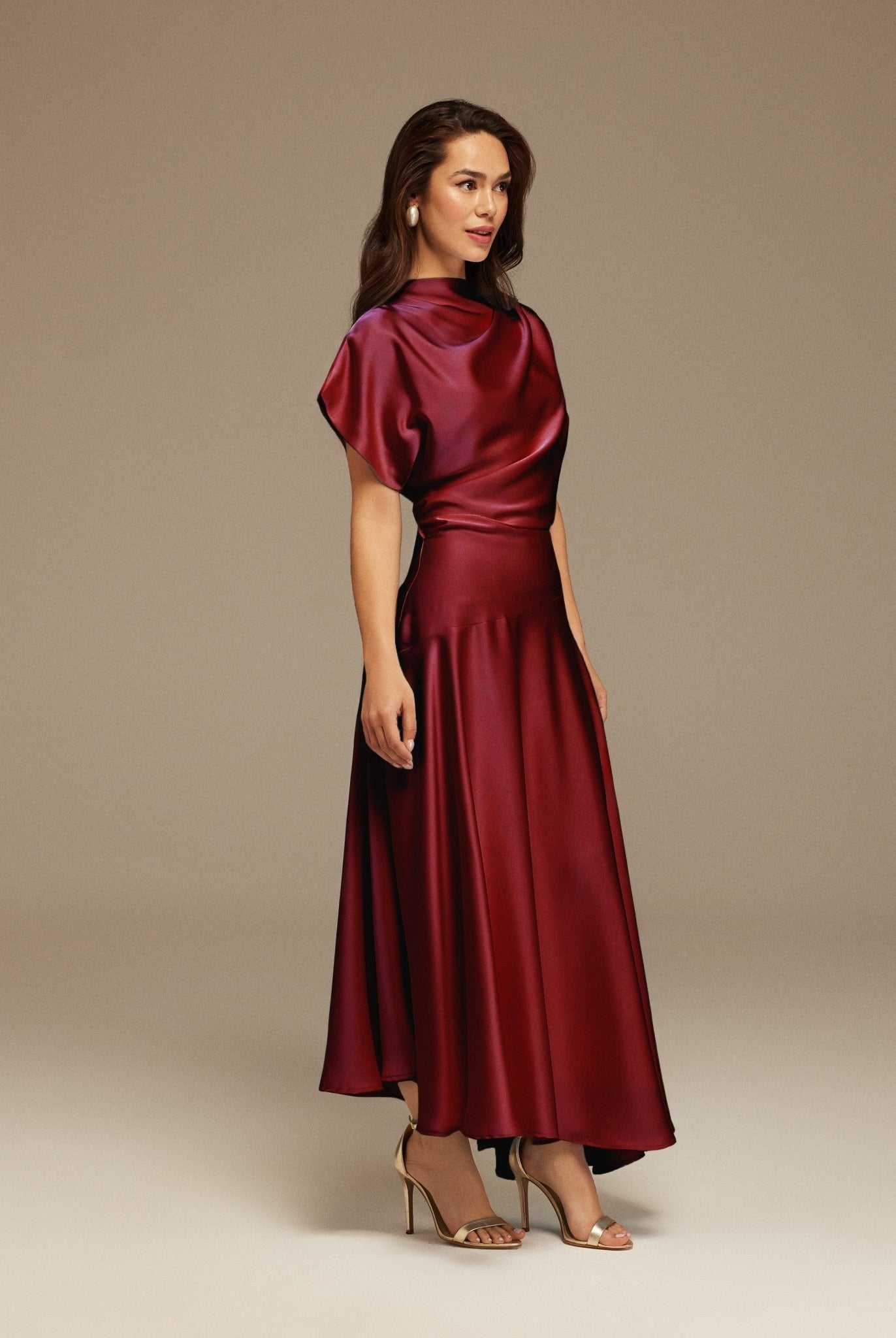 Burgundy Short Sleeve Asymmetric Satin Dress - shopaleena