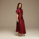 Burgundy Short Sleeve Asymmetric Satin Dress - shopaleena