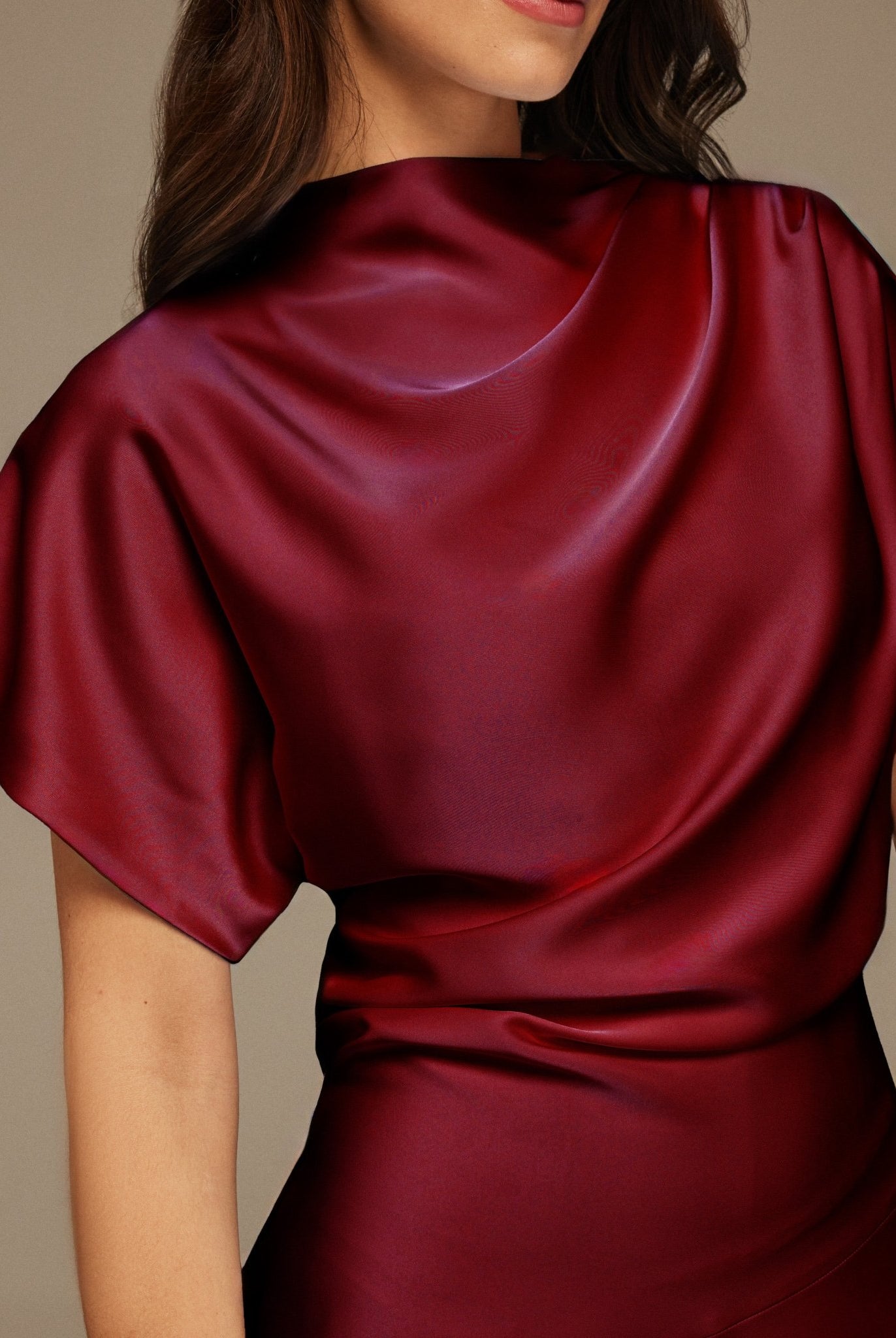 Burgundy Short Sleeve Asymmetric Satin Dress - shopaleena