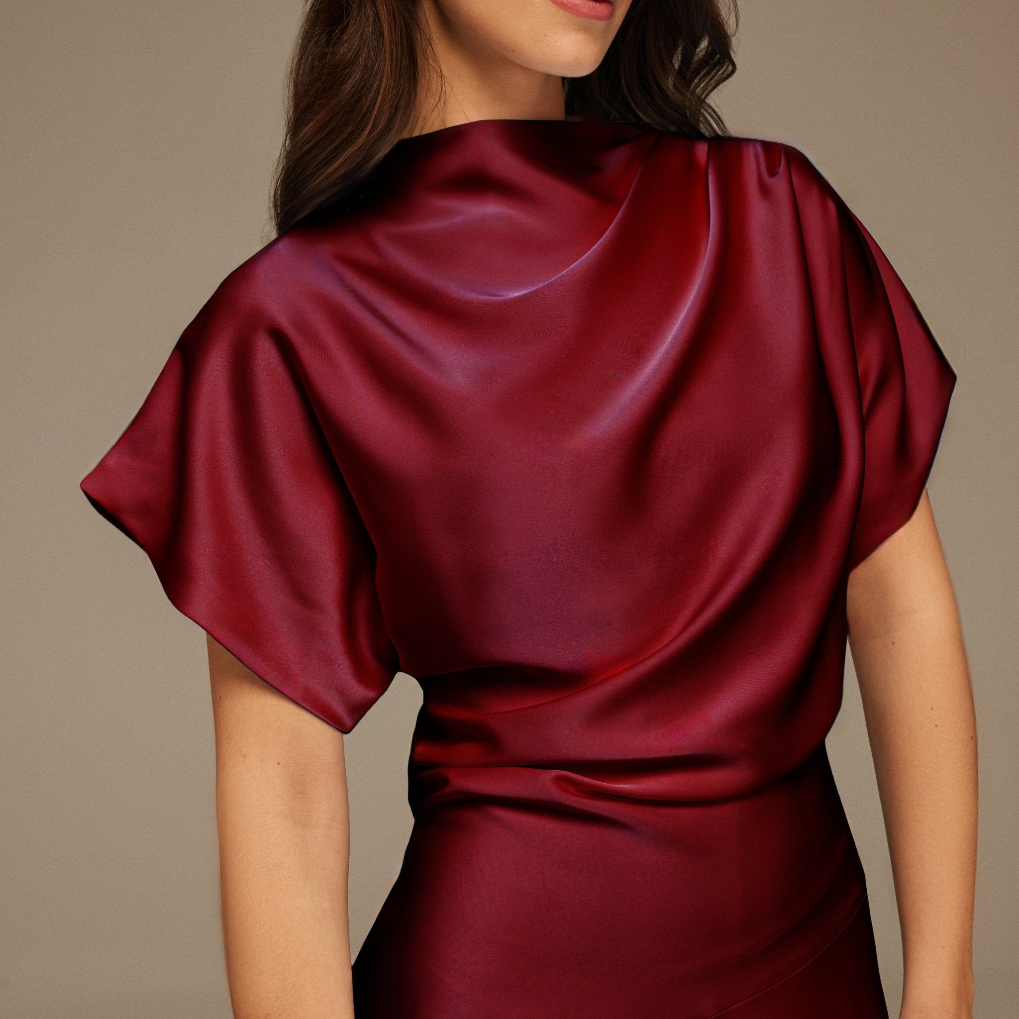 Burgundy Short Sleeve Asymmetric Satin Dress - shopaleena