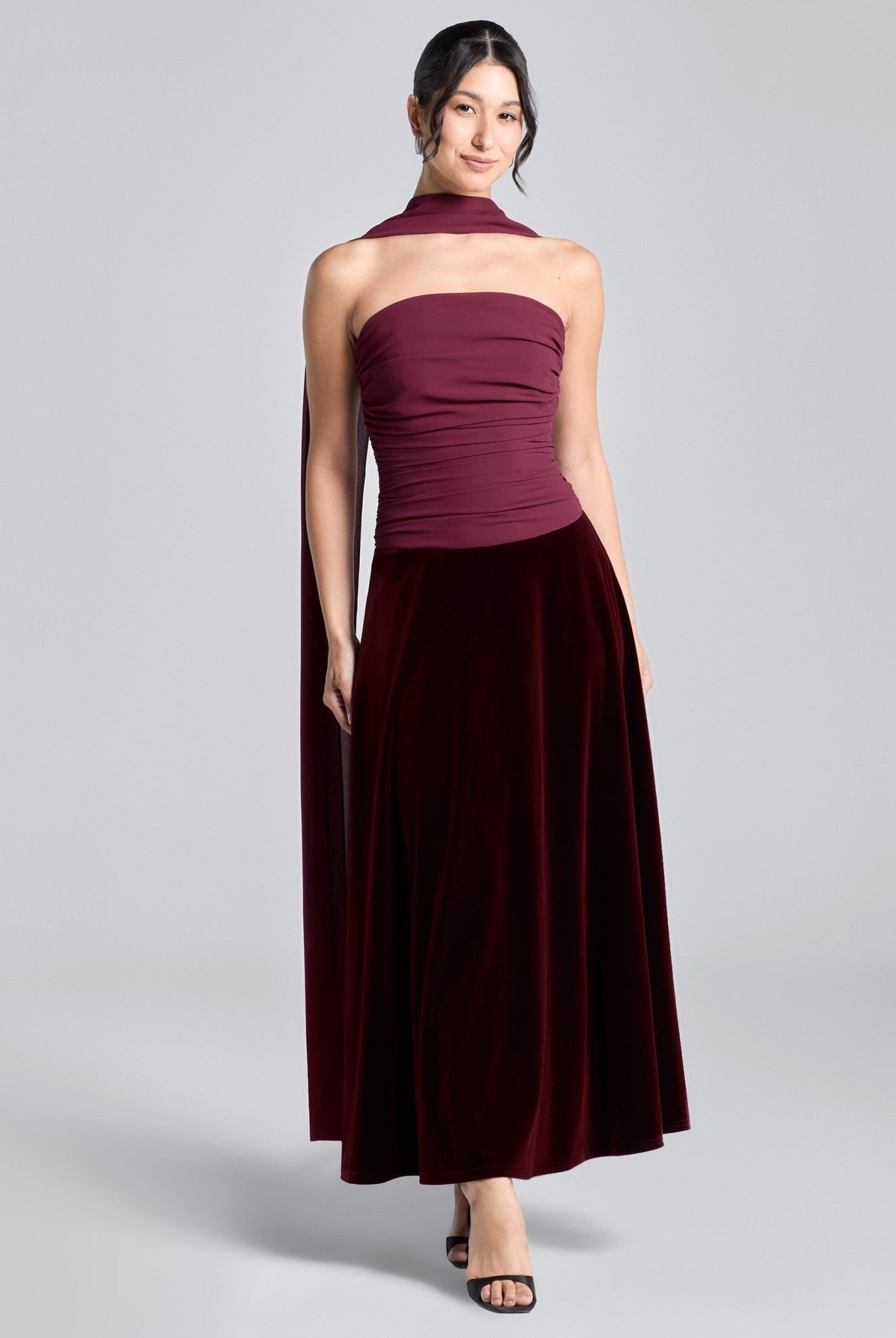 Burgundy Strapless Chiffon & Velvet Maxi Dress - shopaleena