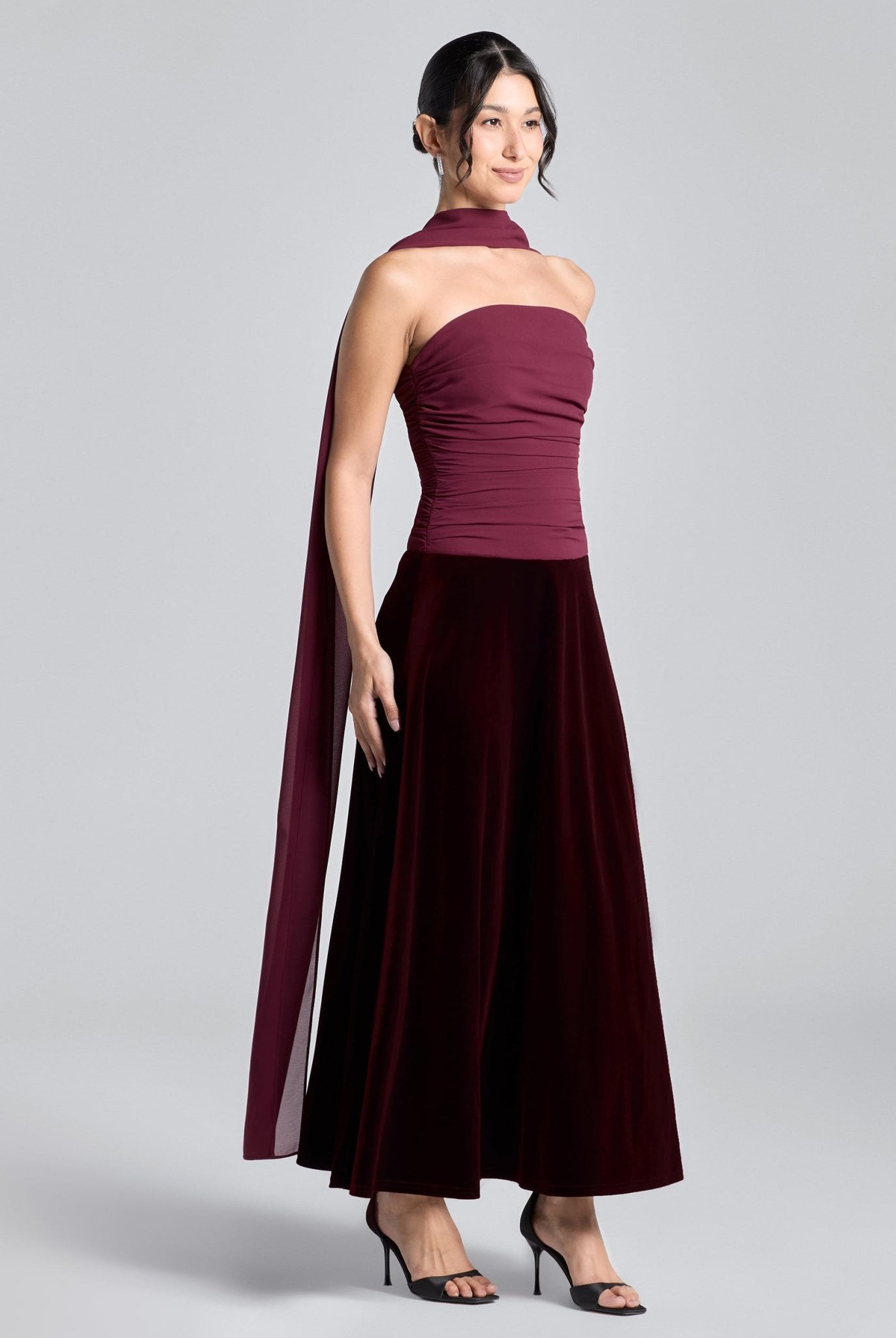 Burgundy Strapless Chiffon & Velvet Maxi Dress - shopaleena