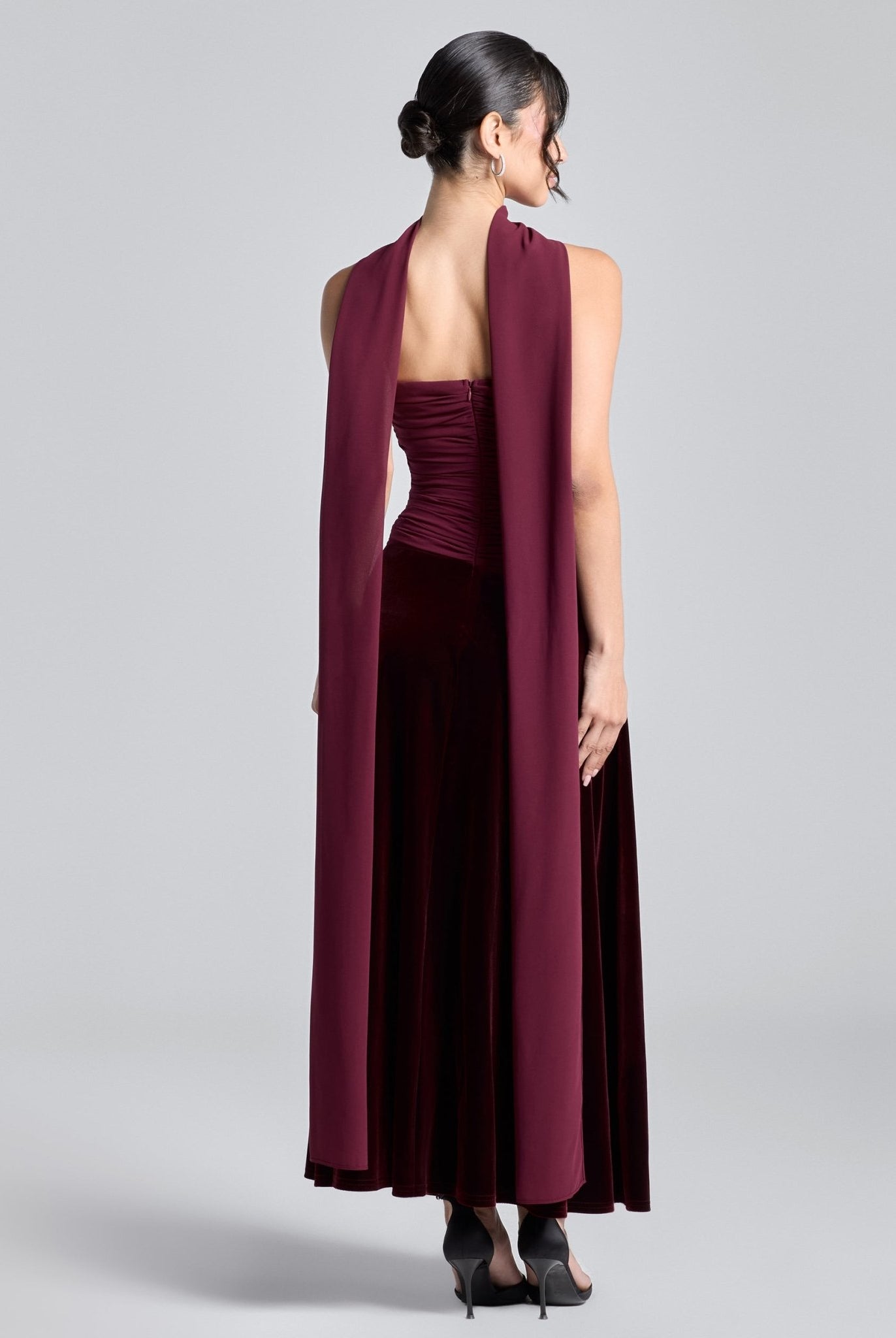 Burgundy Strapless Chiffon & Velvet Maxi Dress - shopaleena