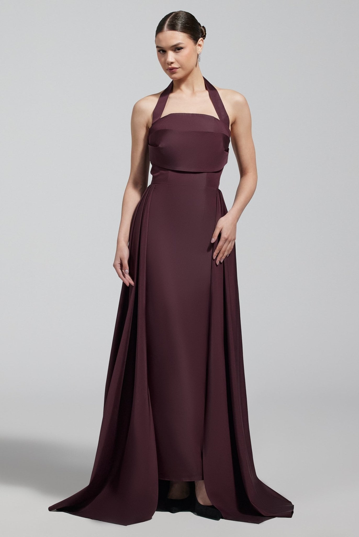 Burgundy Taffeta Halter Neck Maxi Dress - shopaleena