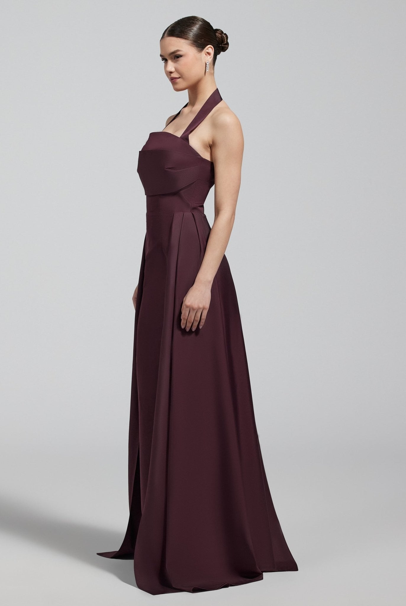 Burgundy Taffeta Halter Neck Maxi Dress - shopaleena