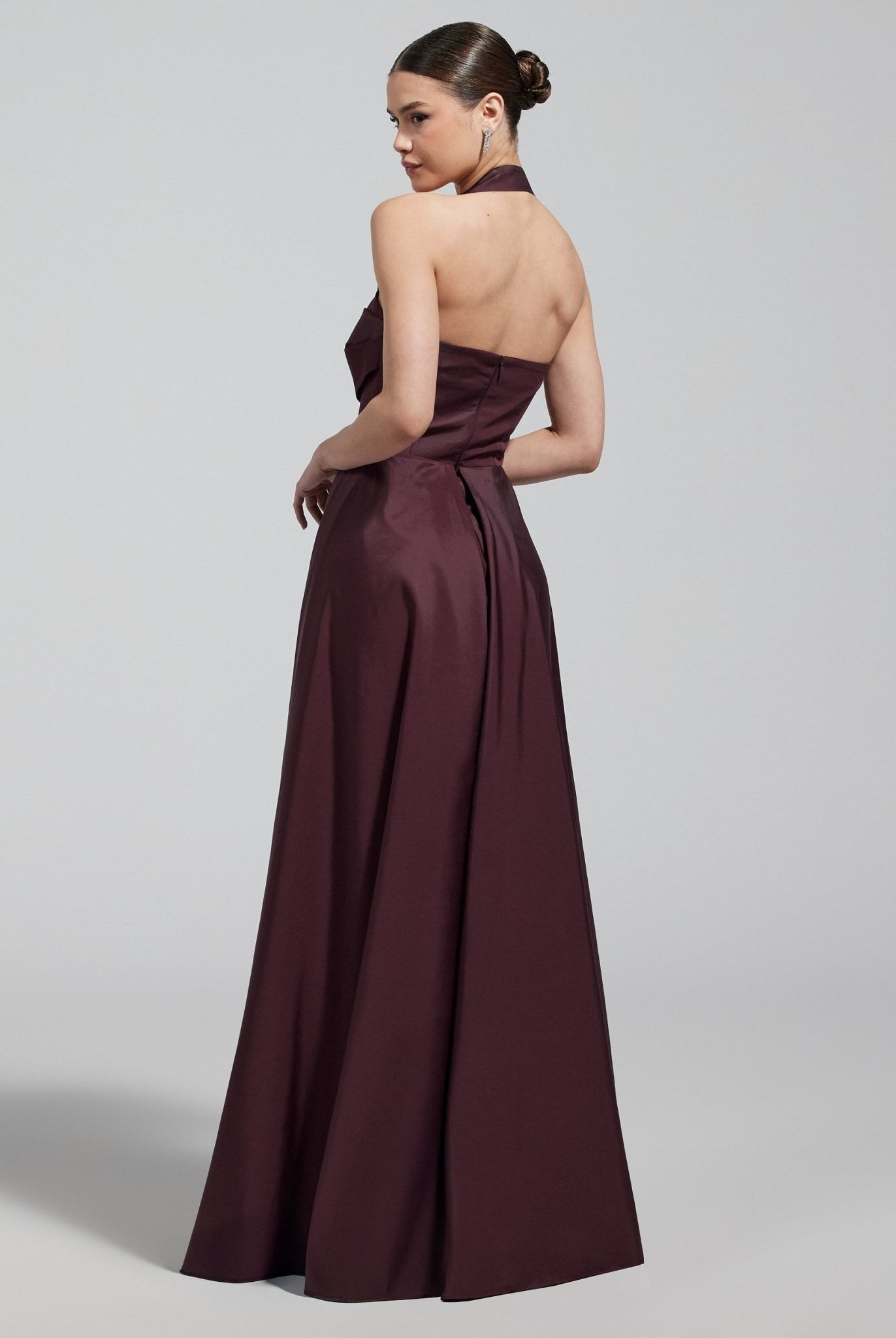 Burgundy Taffeta Halter Neck Maxi Dress - shopaleena