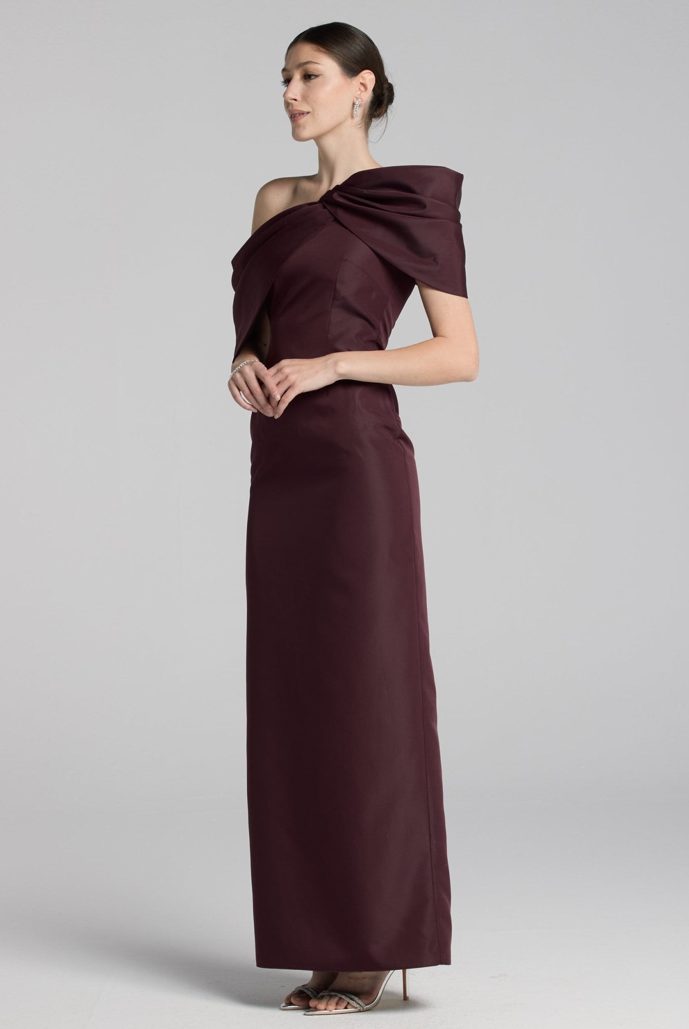 Burgundy Taffeta Off Shoulder Draped Maxi Dress - shopaleena