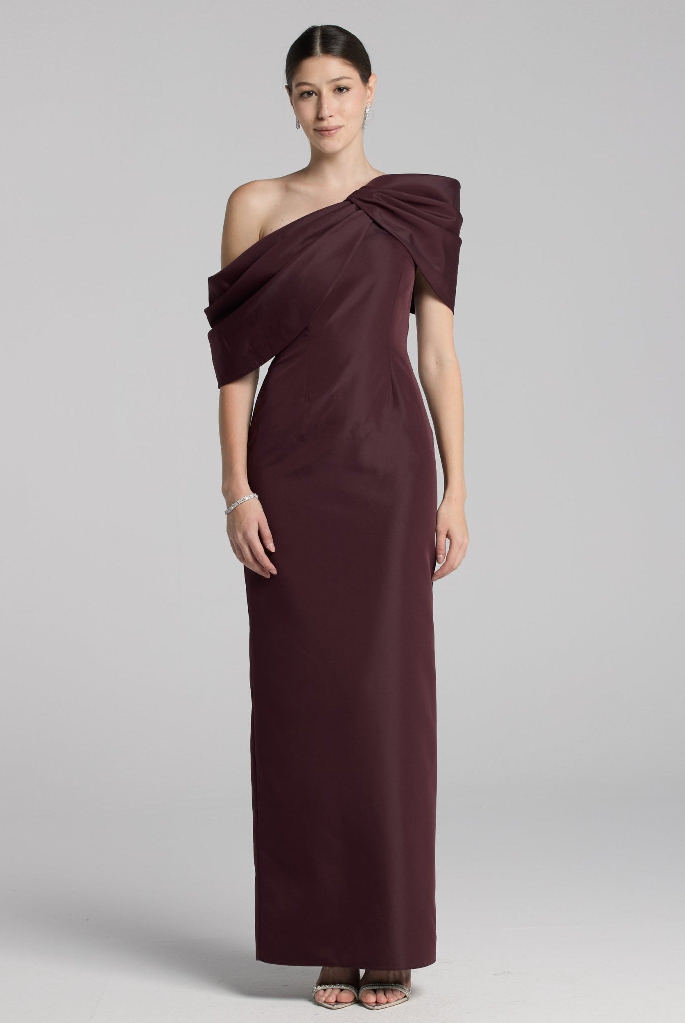 Burgundy Taffeta Off Shoulder Draped Maxi Dress - shopaleena