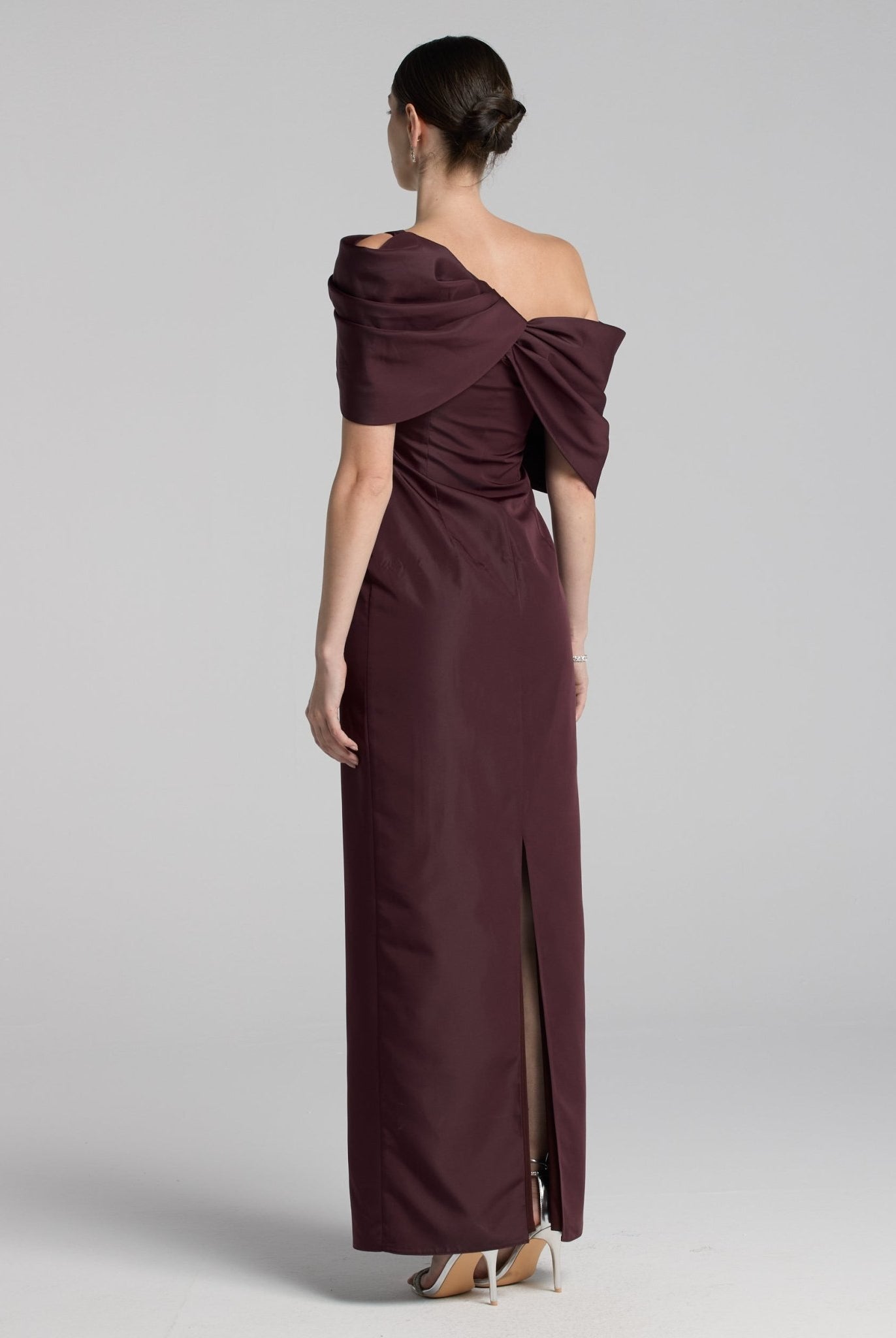 Burgundy Taffeta Off Shoulder Draped Maxi Dress - shopaleena