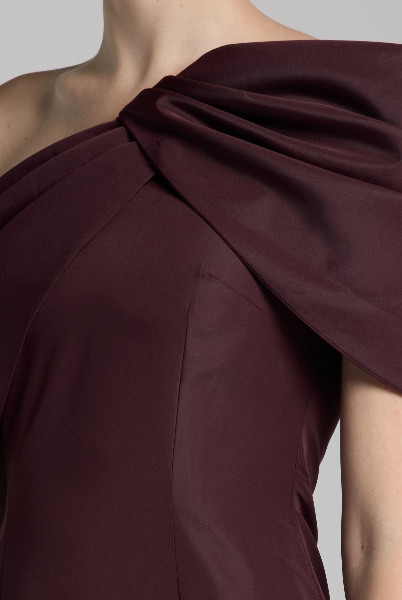 Burgundy Taffeta Off Shoulder Draped Maxi Dress - shopaleena