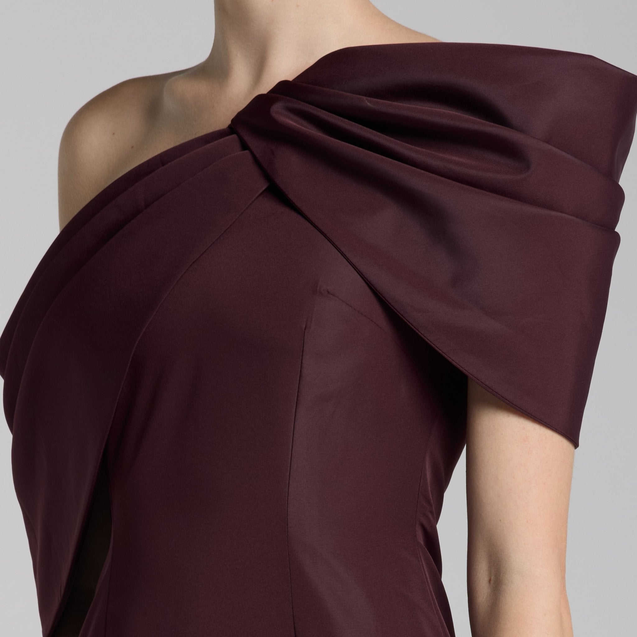 Burgundy Taffeta Off Shoulder Draped Maxi Dress - shopaleena
