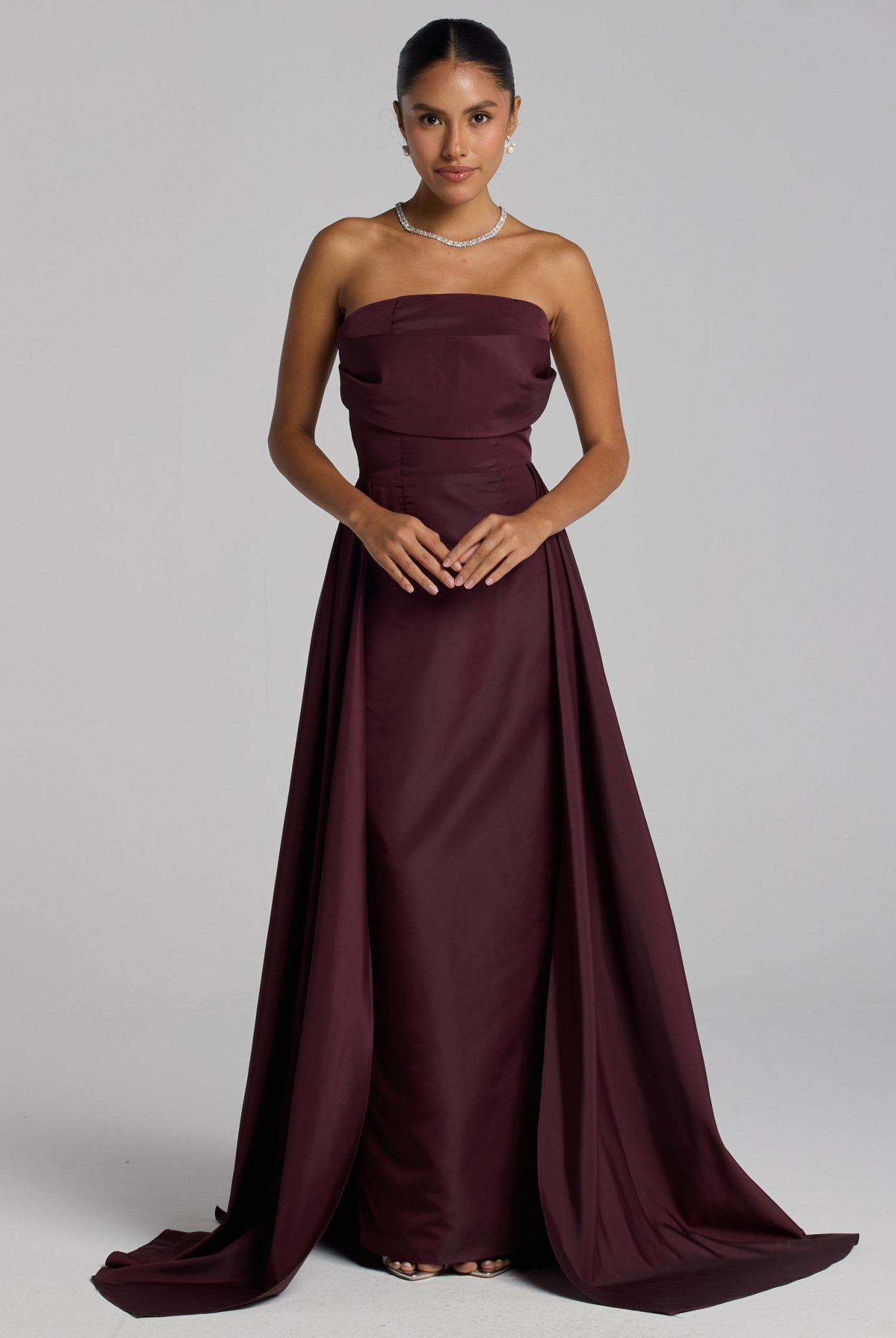 Burgundy Taffeta Strapless Maxi Dress - shopaleena