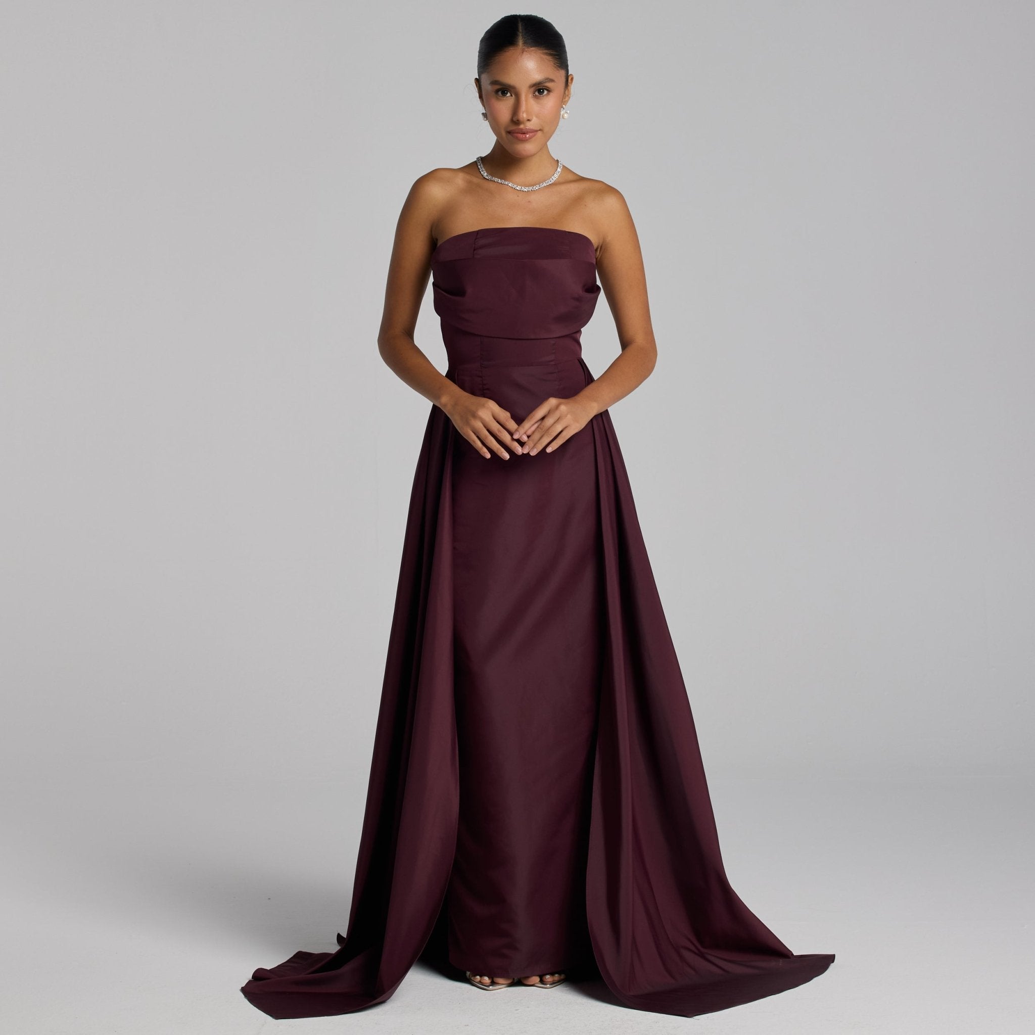 Burgundy Taffeta Strapless Maxi Dress - shopaleena