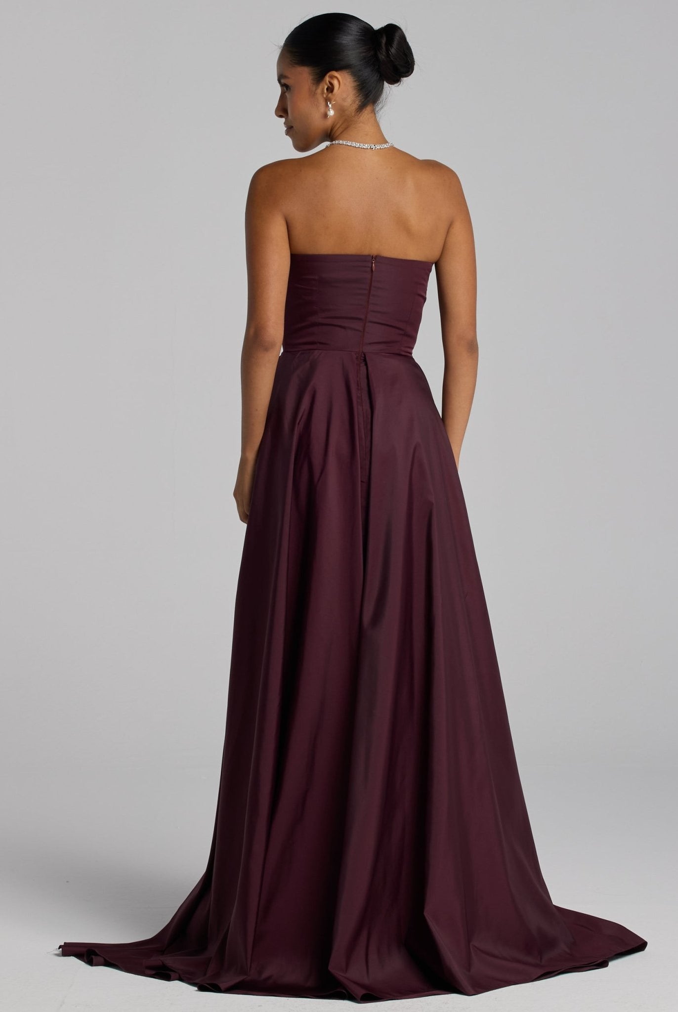Burgundy Taffeta Strapless Maxi Dress - shopaleena