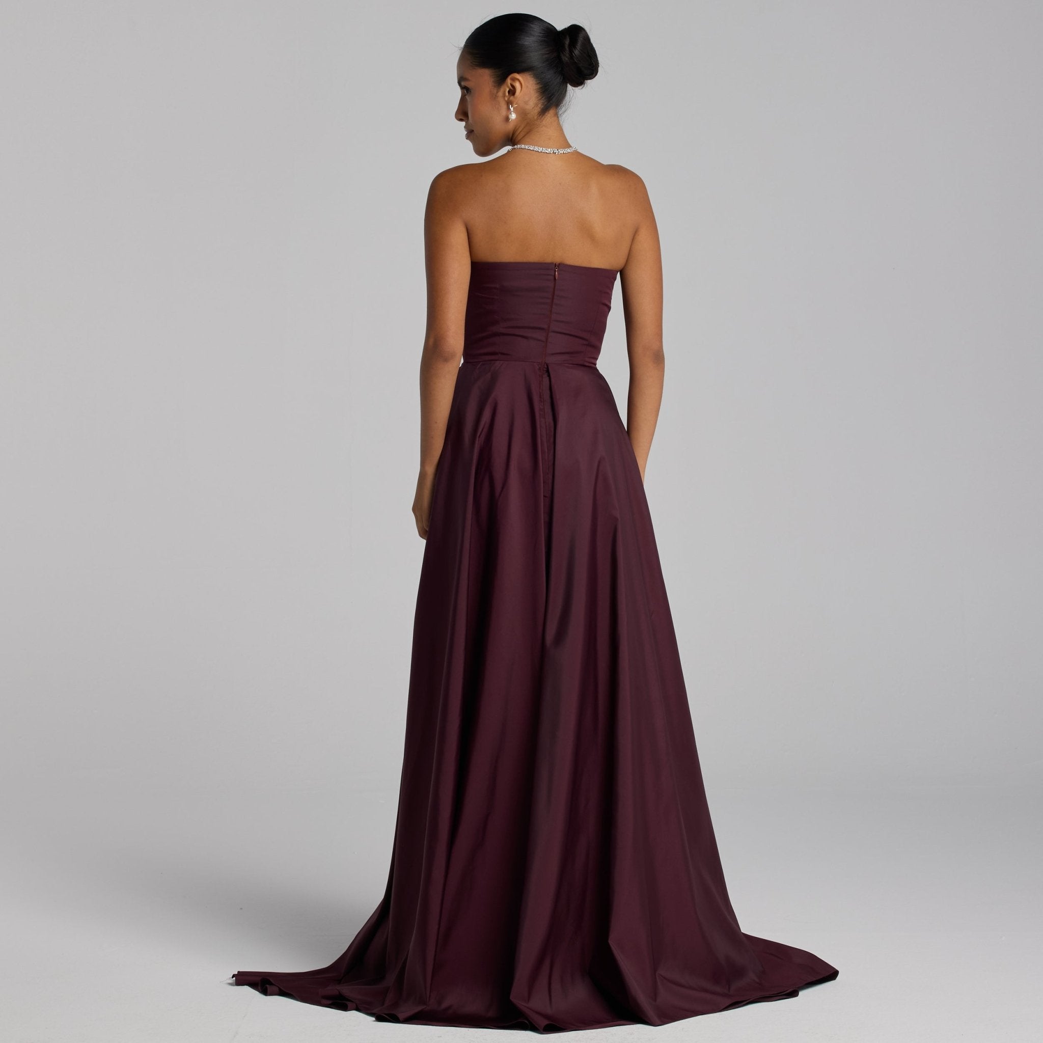 Burgundy Taffeta Strapless Maxi Dress - shopaleena