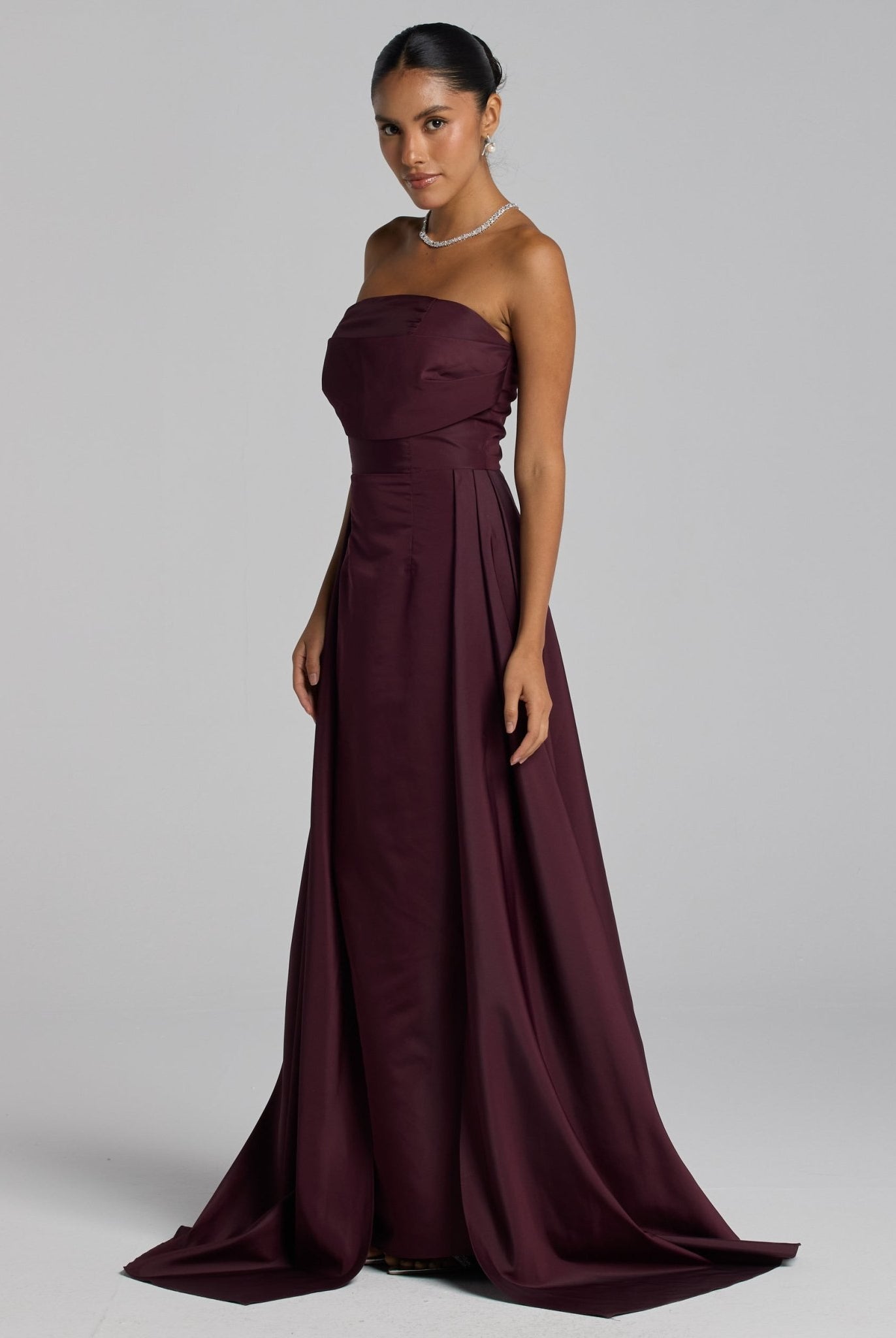 Burgundy Taffeta Strapless Maxi Dress - shopaleena