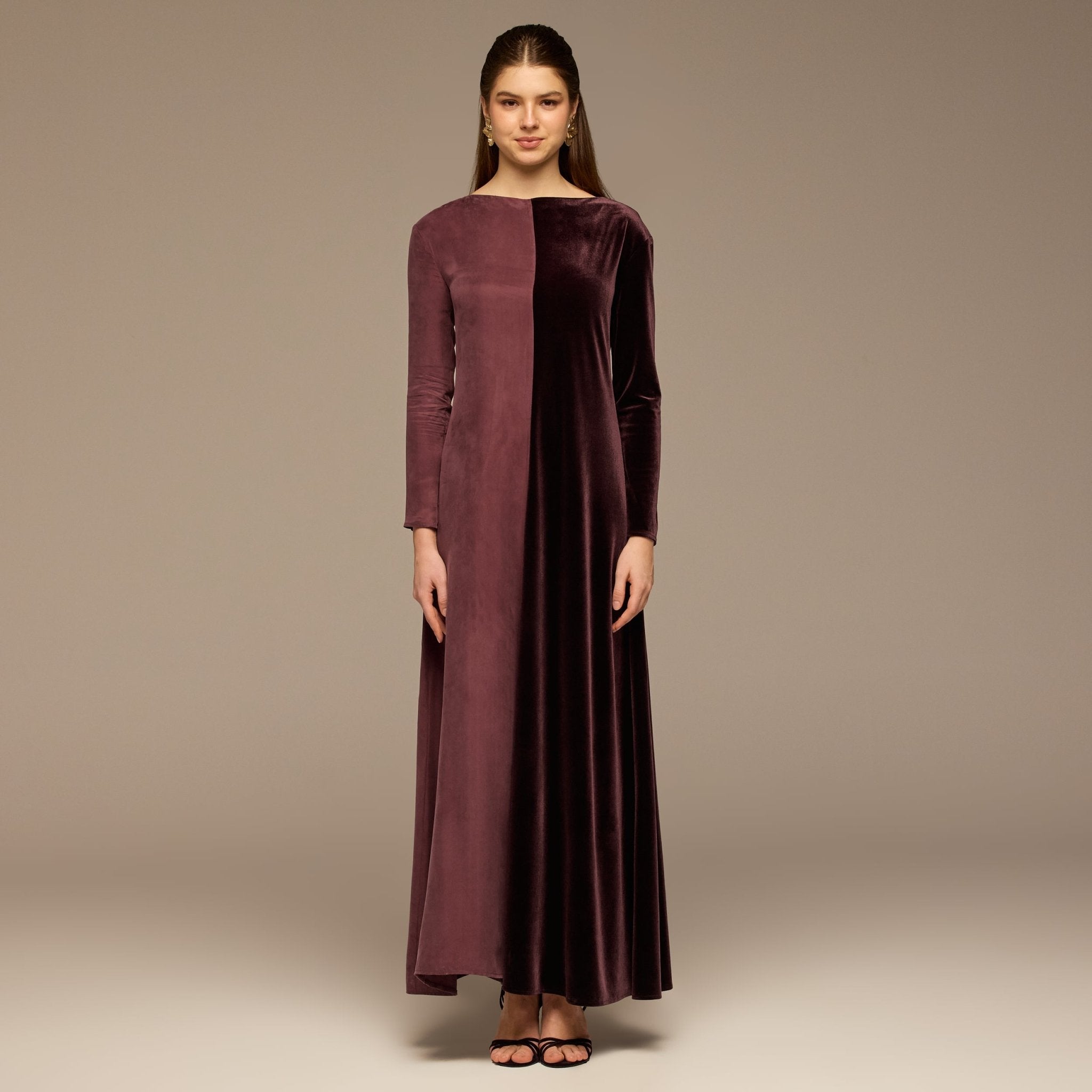 Burgundy Two Tone Velvet - Cupro Maxi Dress - shopaleena