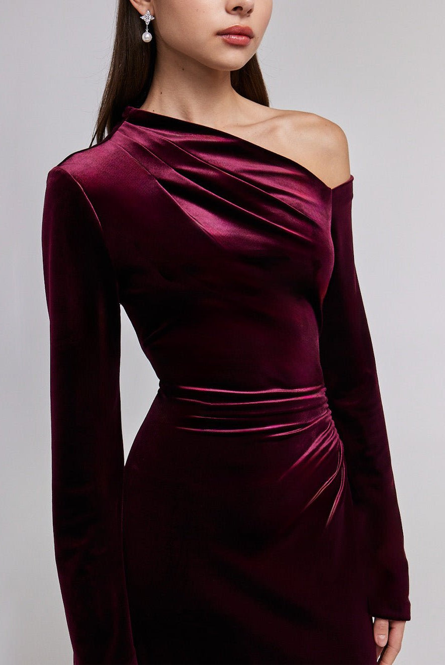 Burgundy Velvet Bare Shoulder Maxi Dress - shopaleena