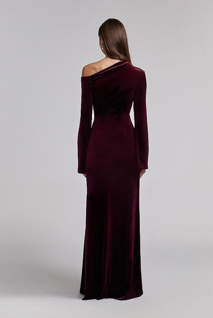 Burgundy Velvet Bare Shoulder Maxi Dress - shopaleena