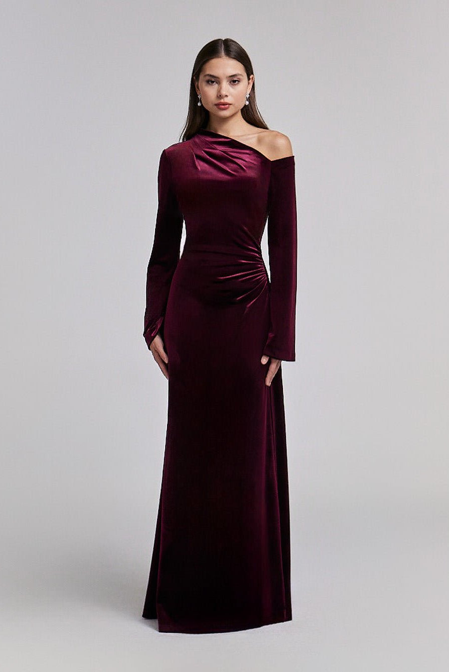Burgundy Velvet Bare Shoulder Maxi Dress - shopaleena