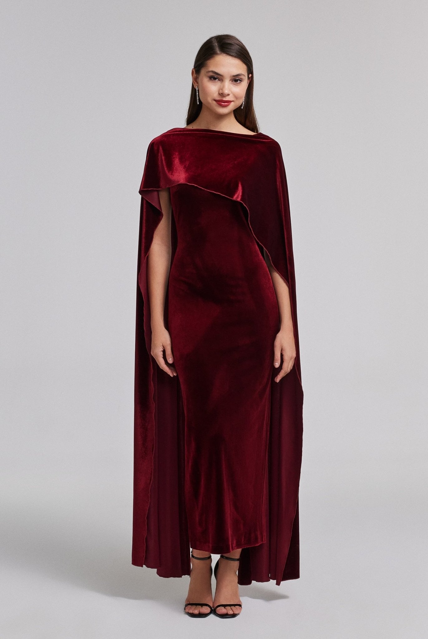 Burgundy Velvet Cape Maxi Dress - shopaleena