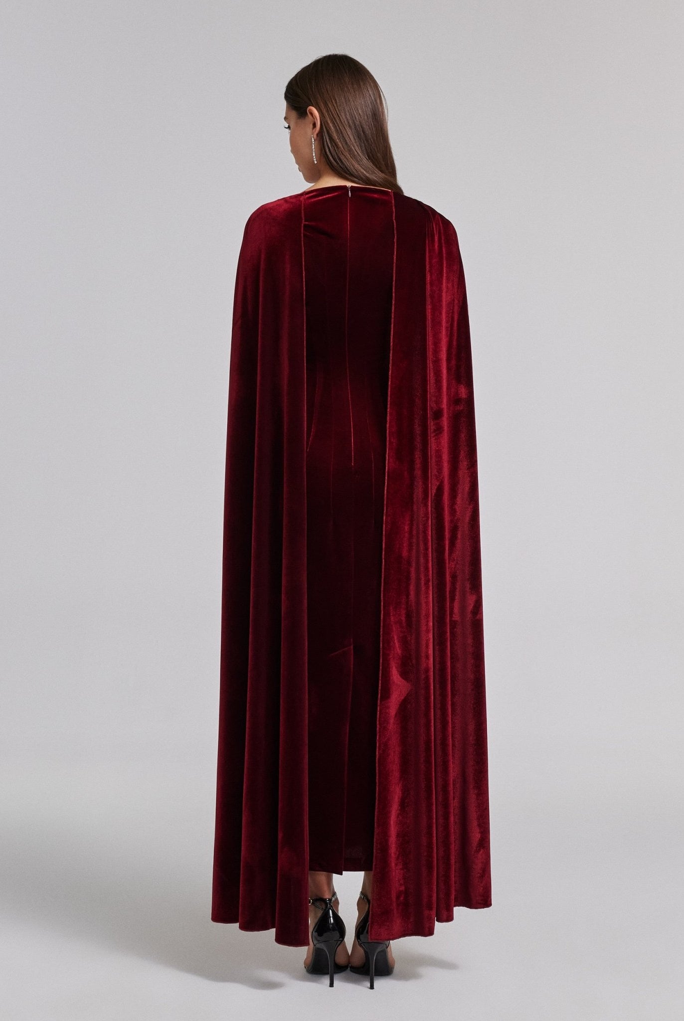 Burgundy Velvet Cape Maxi Dress - shopaleena