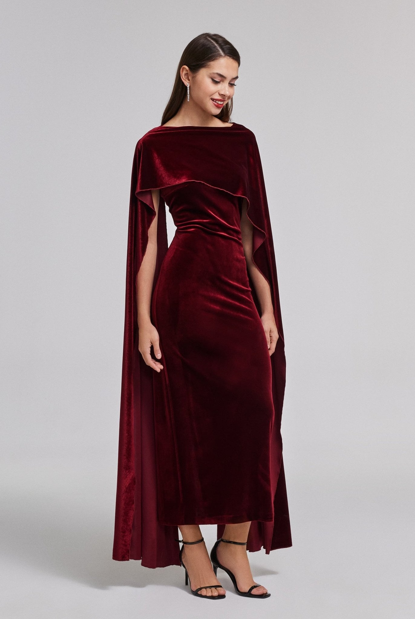 Burgundy Velvet Cape Maxi Dress - shopaleena