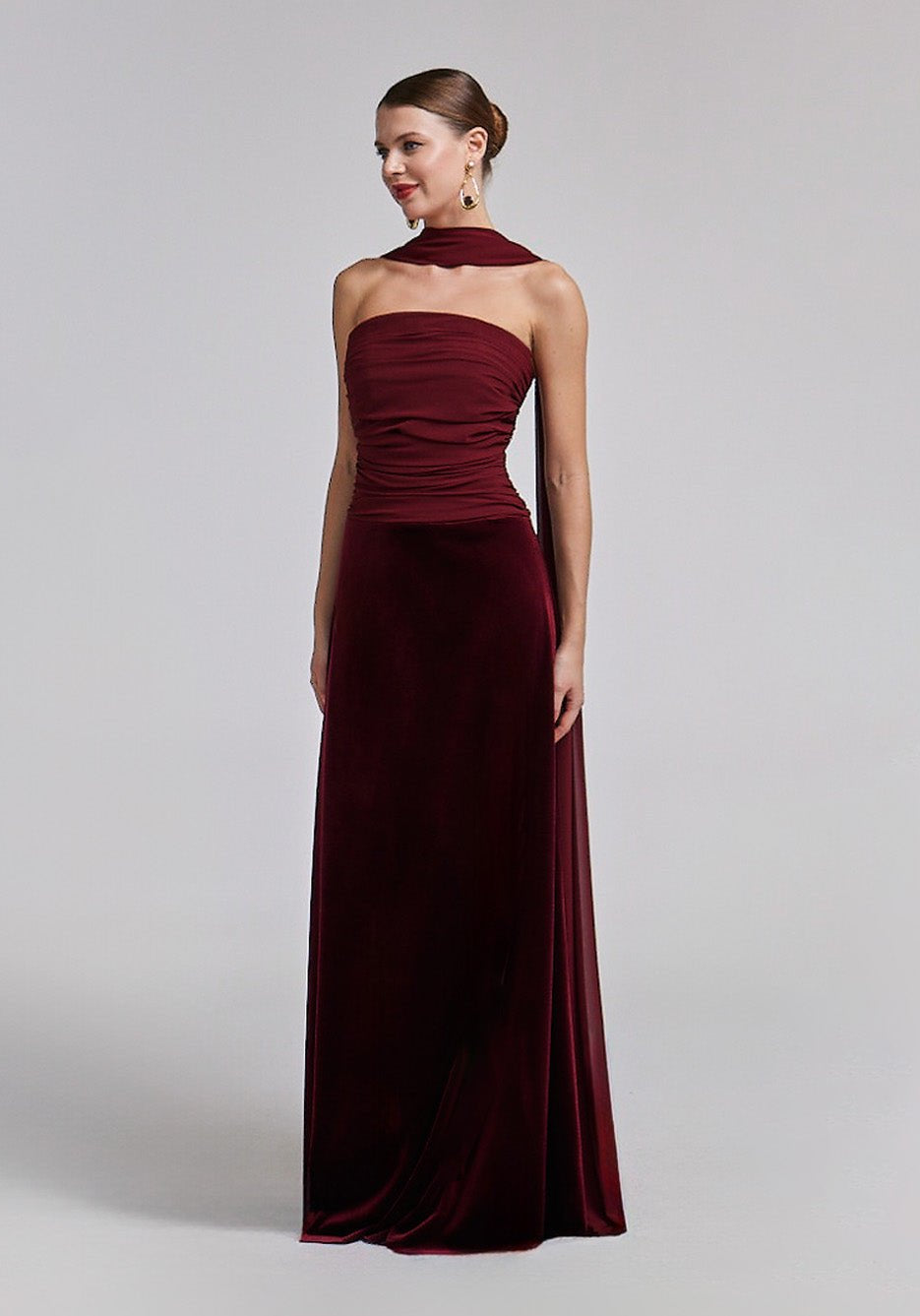 Burgundy Velvet - Chiffon Strapless Gown with Draped Scarf - shopaleena