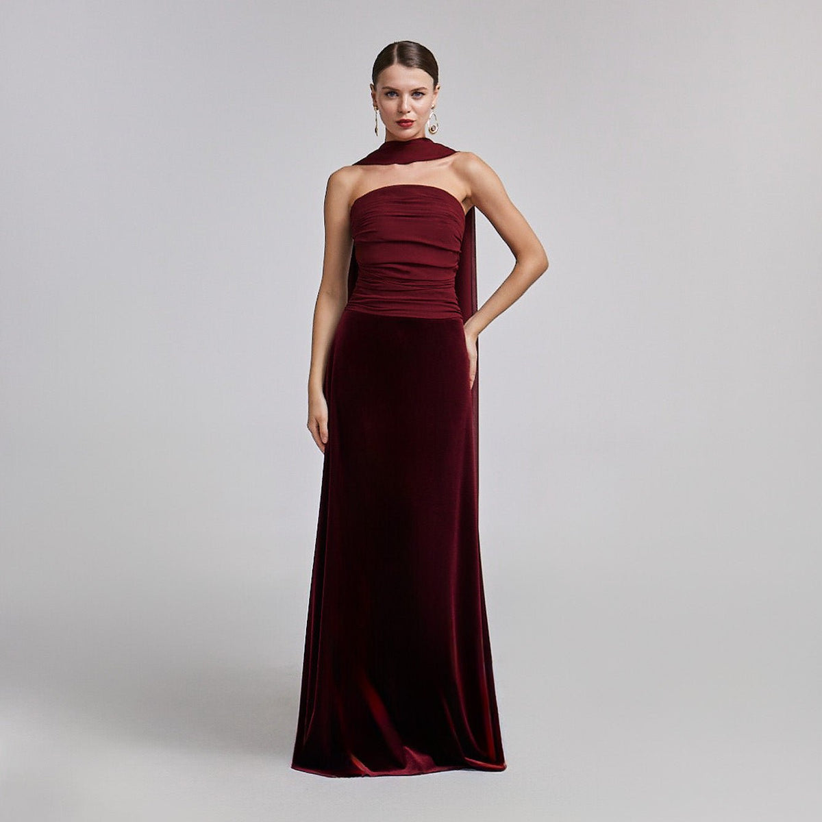 Burgundy Velvet-Chiffon Strapless Gown with Draped Scarf – shopaleena